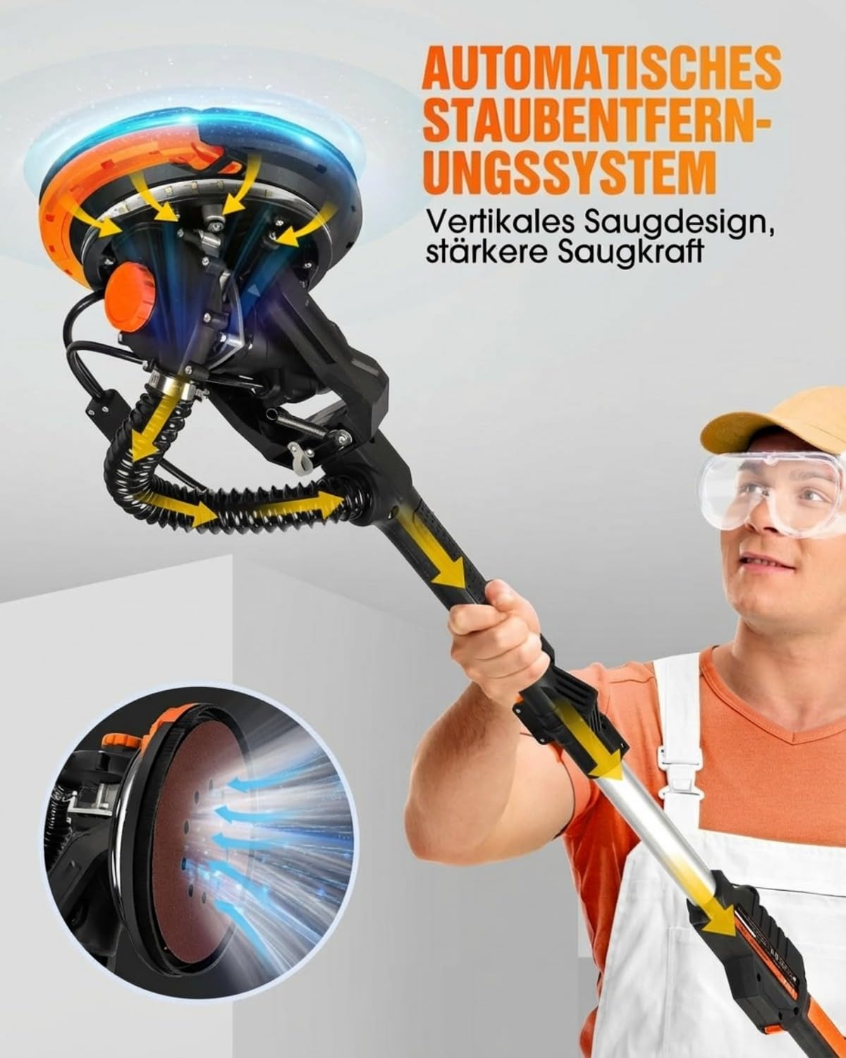 Trockenbauschleifer 900W, Wandschleifer & Deckenschleifer mit Absaugung, 1800 U/min, 6-Stufen Geschwindigkeit, Klappbarer Teleskopstiel, LED-Leuchte, inkl. 12 Schleifblättern