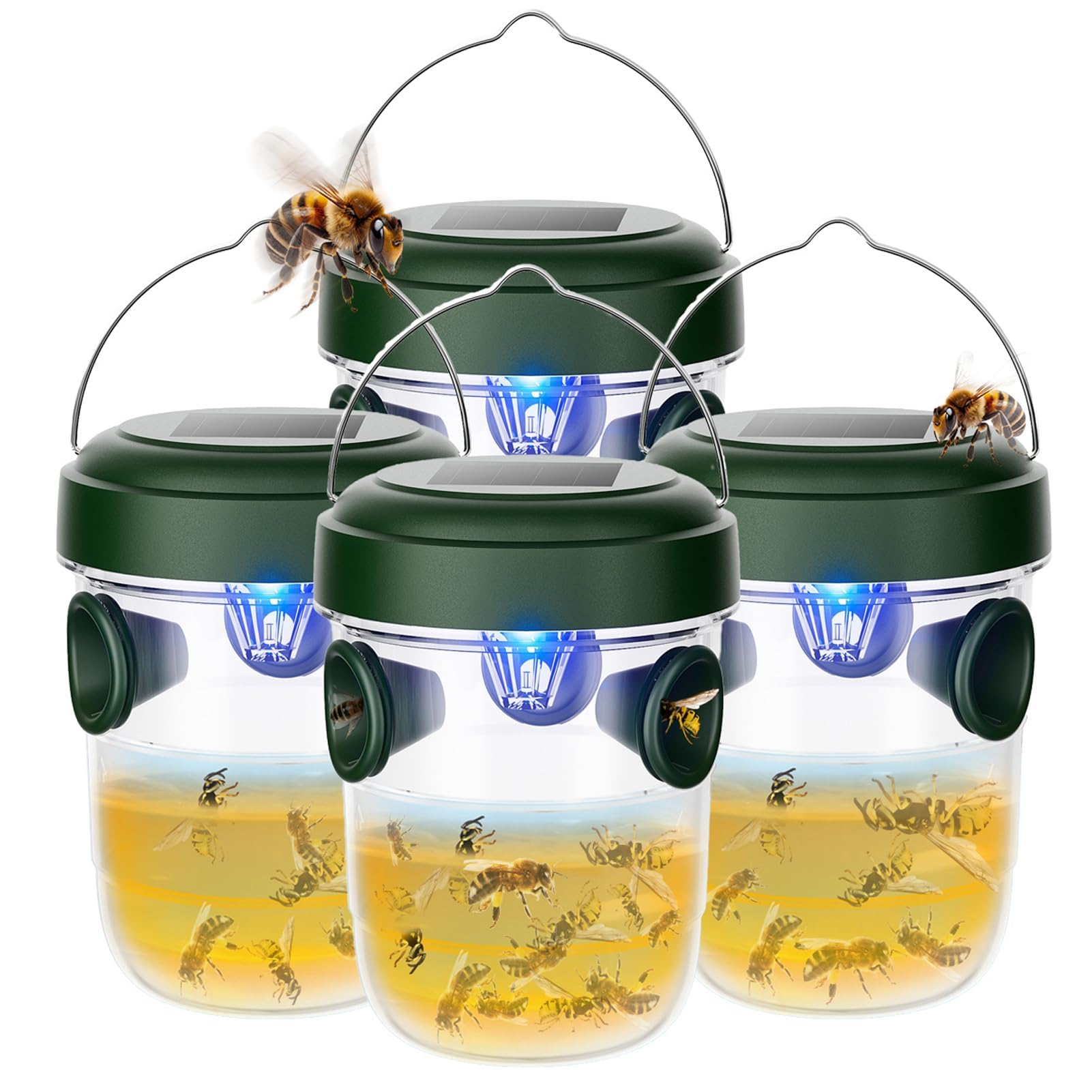 NVARUPC Wasp Traps Outdoor Hanging 4 Packs, Solar Powered Carpenter Bee Trap Yellow Jacket Hornet Catcher with LED Light, Reusable Wasp Deterrent Outdoor for Garden, Patio, Backyard, Camping,4