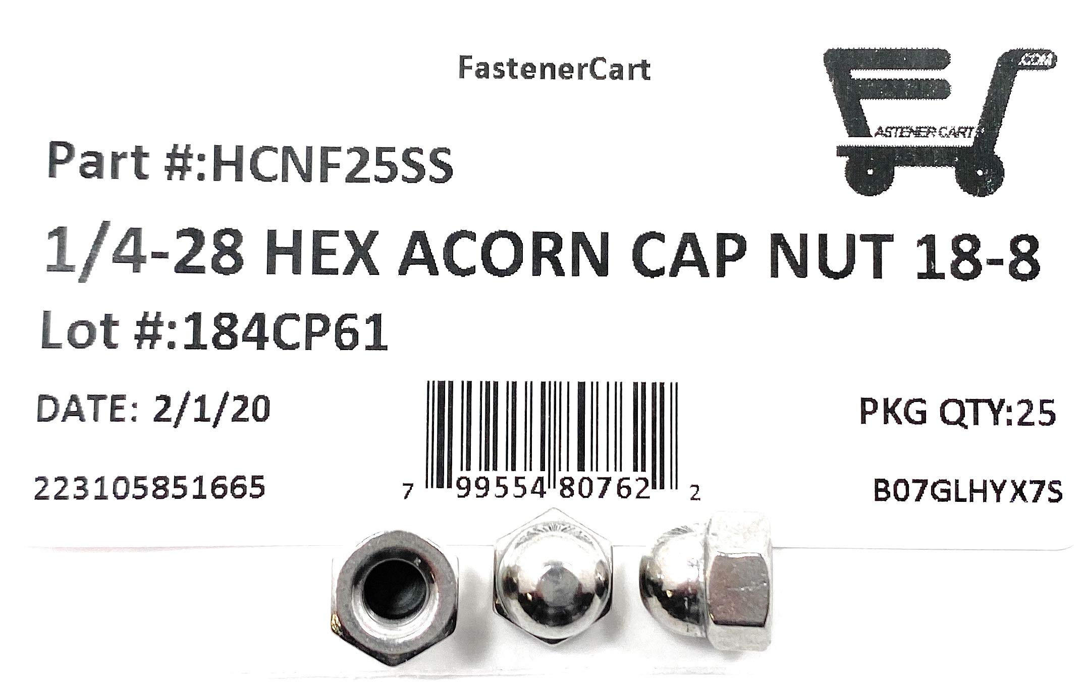1/4-28 Acorn Cap Nuts 18-8 Stainless Steel - Fine Thread UNF (25 Pieces)