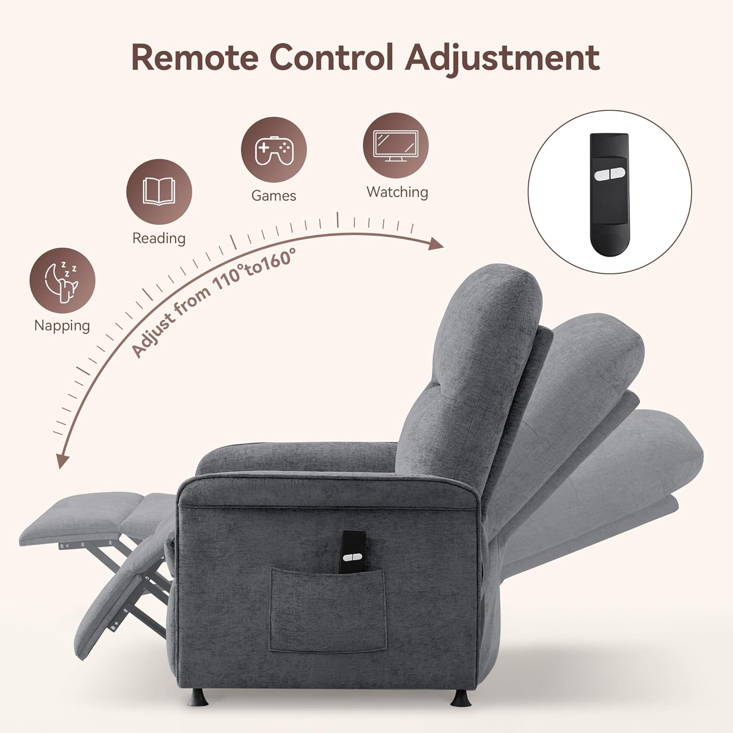 Power Recliner Chair for Adults, Electric Chenille Recliner with Curved Arms & Side Storage Pockets, Ergonomic Adjustable Reclining Chair for Living Room Bedroom, Light Grey