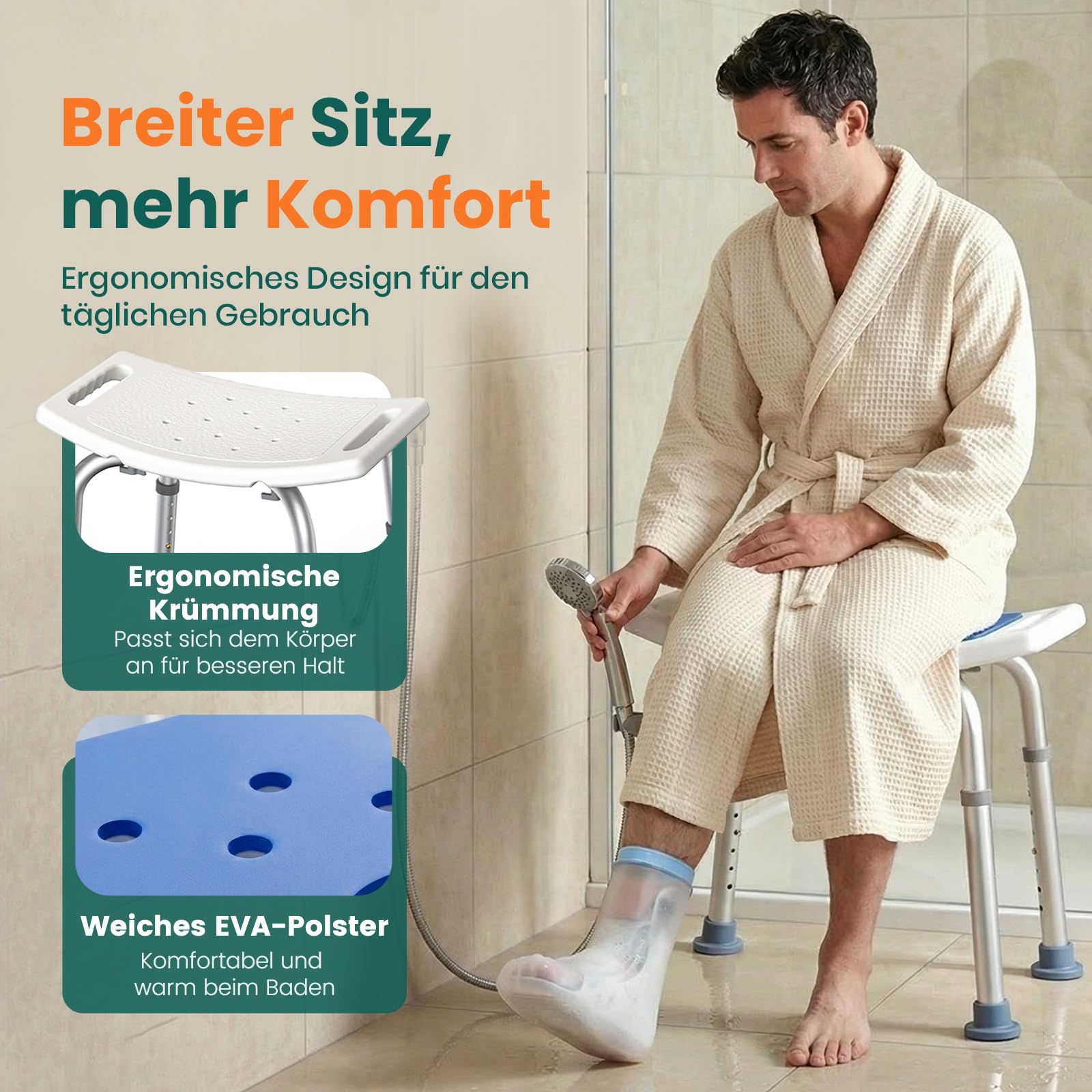 Duschhocker mit Höhenverstellung – Leichter Badehocker mit gebogenem Sitz, Rutschfester Duschsitz für Senioren, Behinderte & Schwangere, Blau