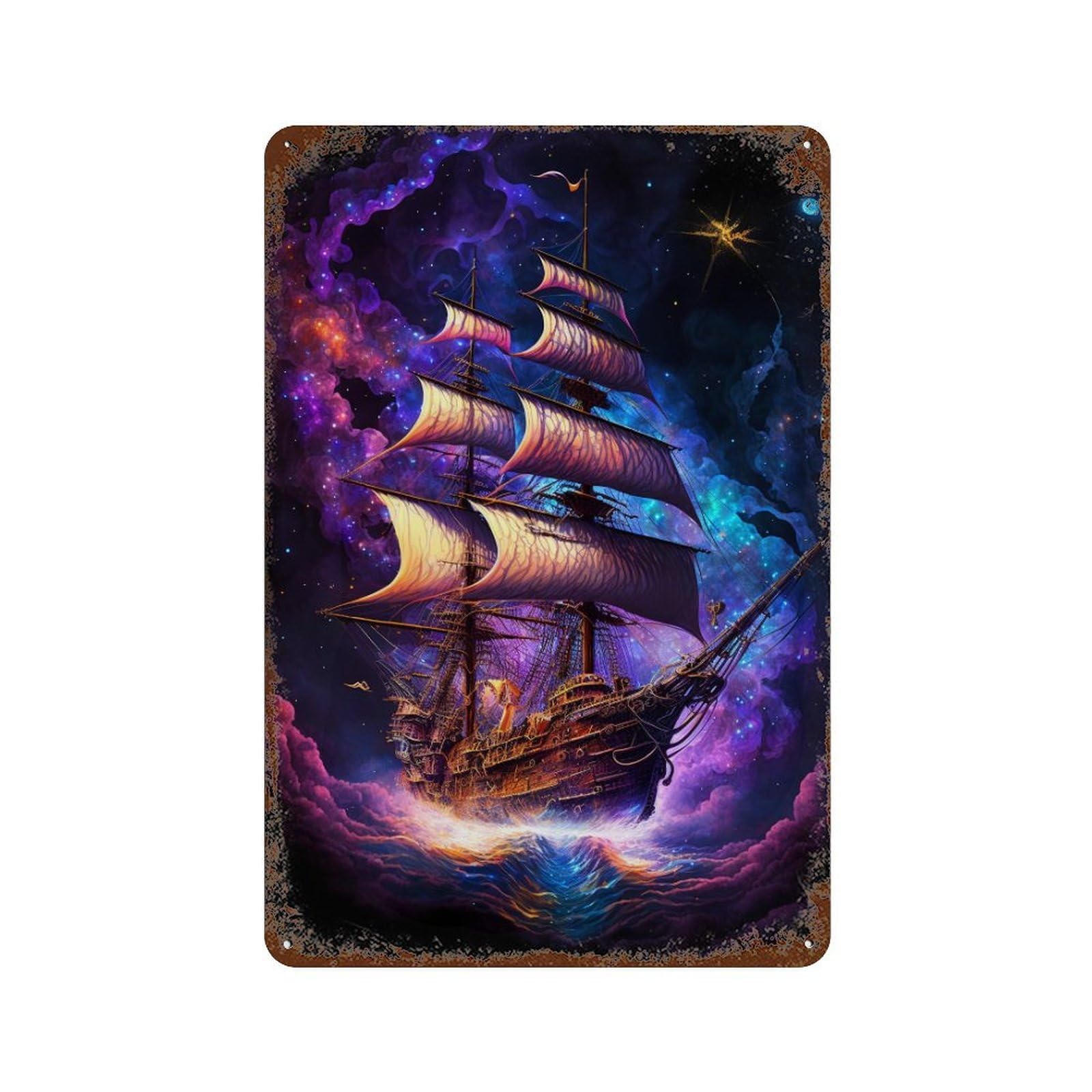 Rusty Metal Tin Sign with Fantasy Sailing Ship in Starry Sky Design 11.8"x7.9", for Farmhouse, Kitchen And Entryway Decor, Classic Wall Plaque
