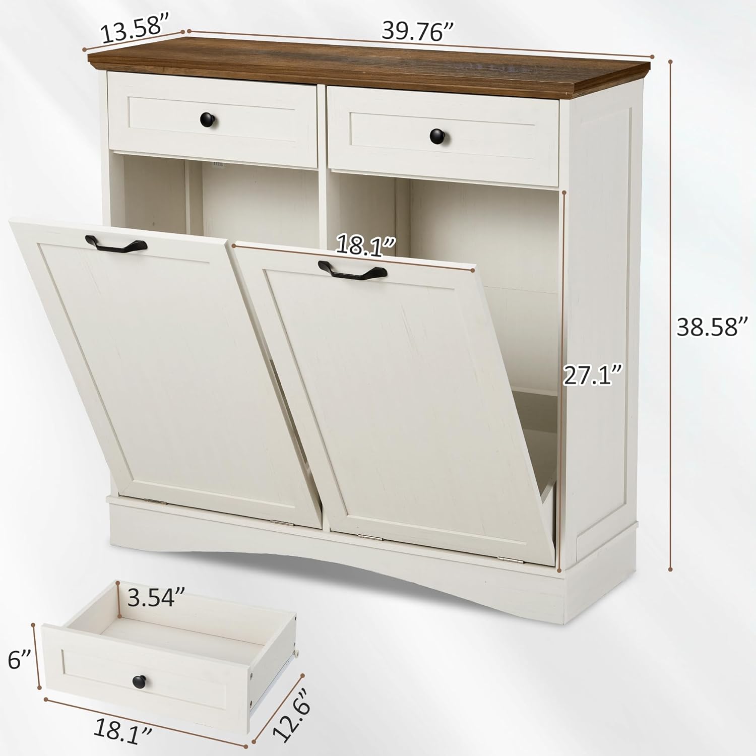 Spurgehom Double Tilt Out Trash Cabinet with 2x13 Gallon Trash Can Storage, Freestanding Kitchen Trash Can Cabinet with Hideaway Drawers Pet Proof for Kitchen, Antique White