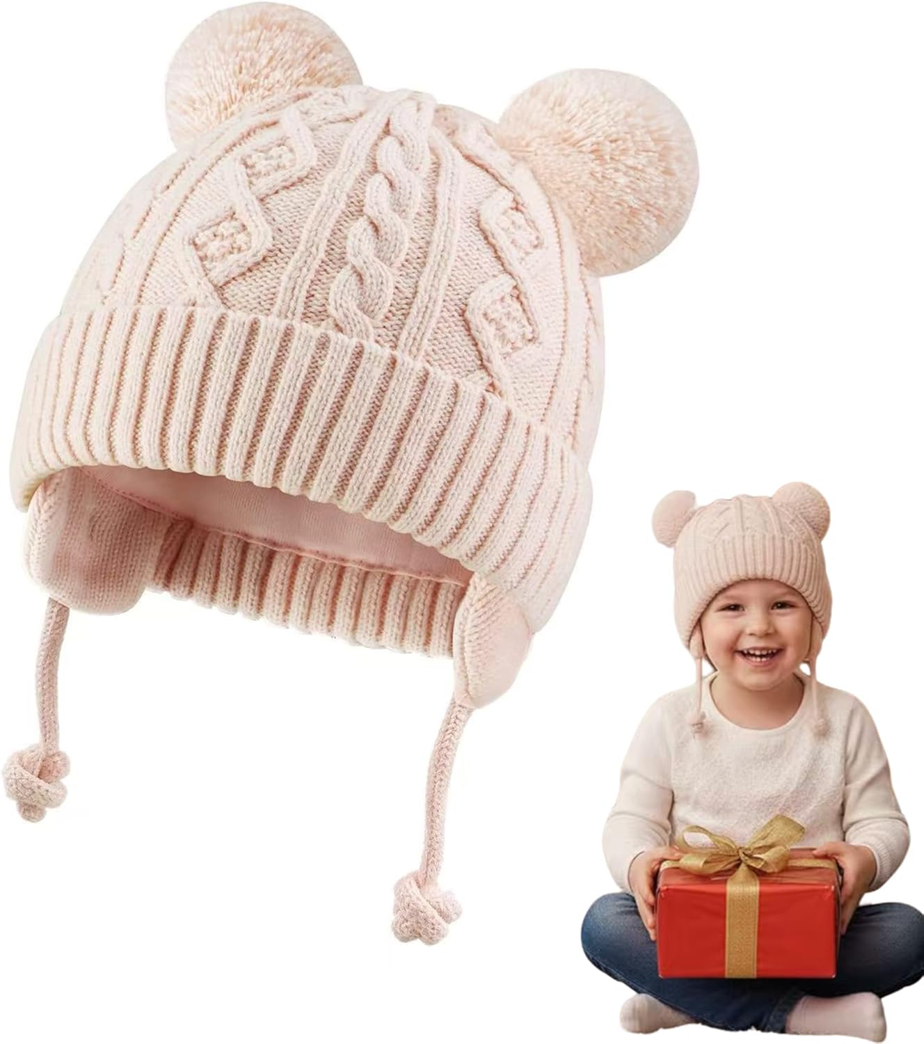 PandaEar Baby Winter Knit Hat with Earflaps and Pom Poms, Fleece Lined Beanie for Infant Toddler Girls Boys