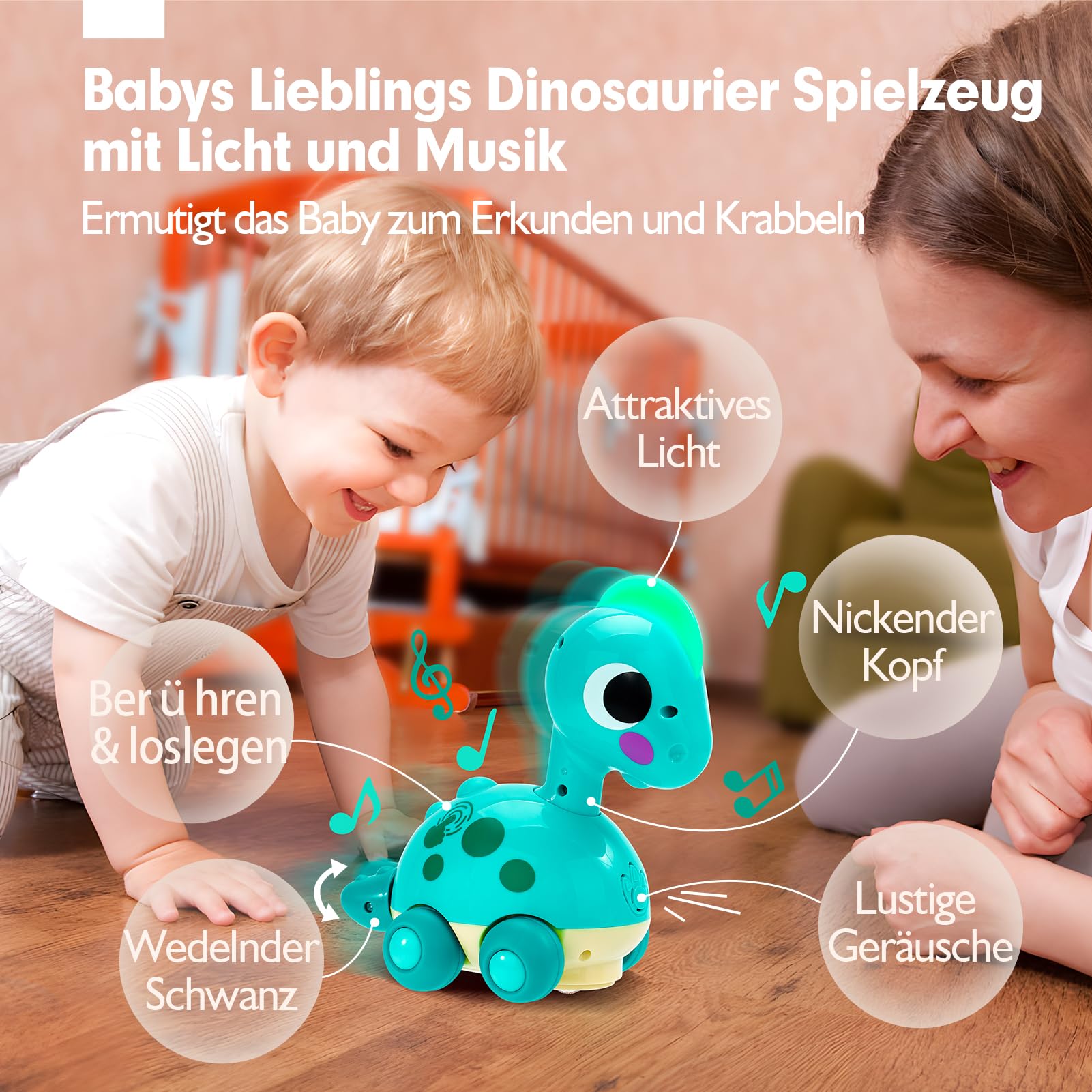 CubicFun Musik Dinosaurier Baby Spielzeug 6 Monate, Krabbelspielzeug mit Licht & Sound, Interaktives Krabbel Dino Spielzeug ab 6 Monate,Tummy Time Toys, Baby Geschenk für 6-12 Monate Junge Mädchen