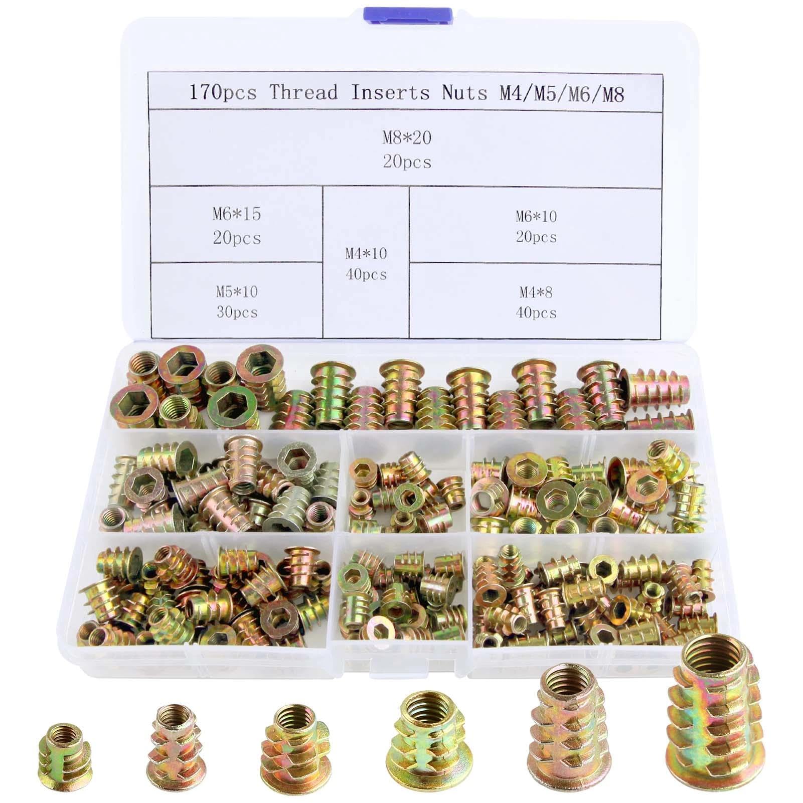 LEONTOOL Threaded Inserts for Wood 170PCS 6 Sizes M4 M5 M6 M8 Wood Inserts Assortment Kit