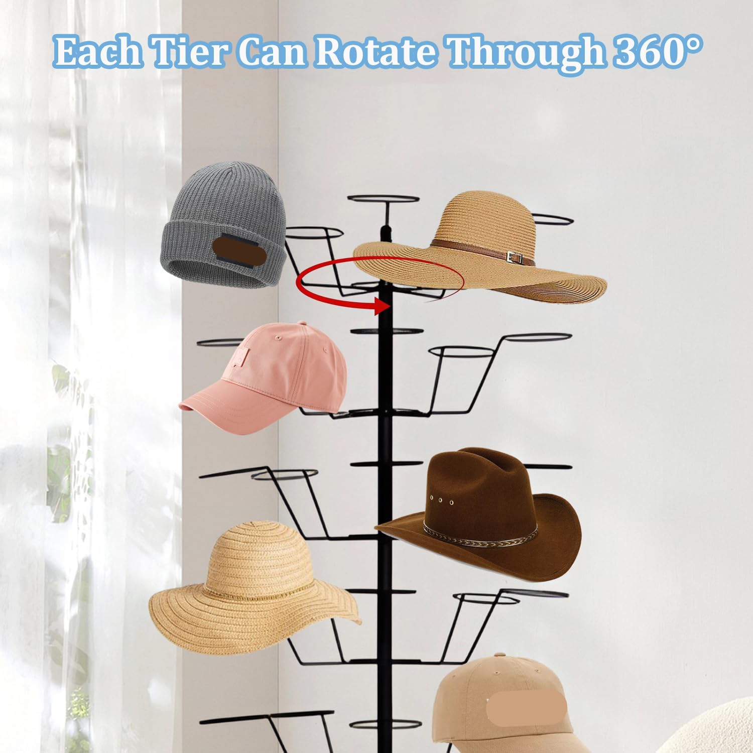 7-Tier Hat Rack Stand, 35 Hooks Hair and Hat Display with Lockable Wheels, 360° Rotation Freestanding Baseball Cap Display Rack for Home, Retail Store
