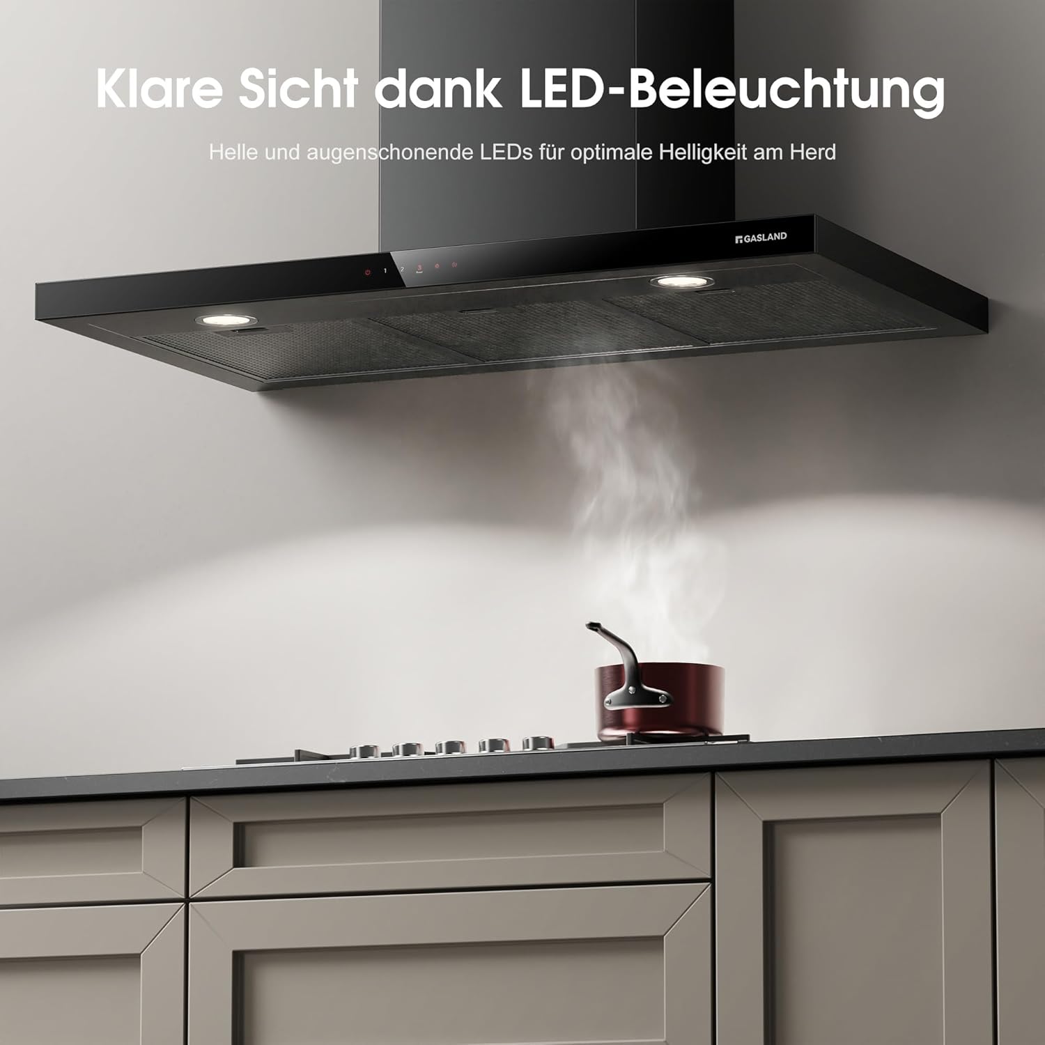 GASLAND TR90BS range hood with LED lights illuminating the hob