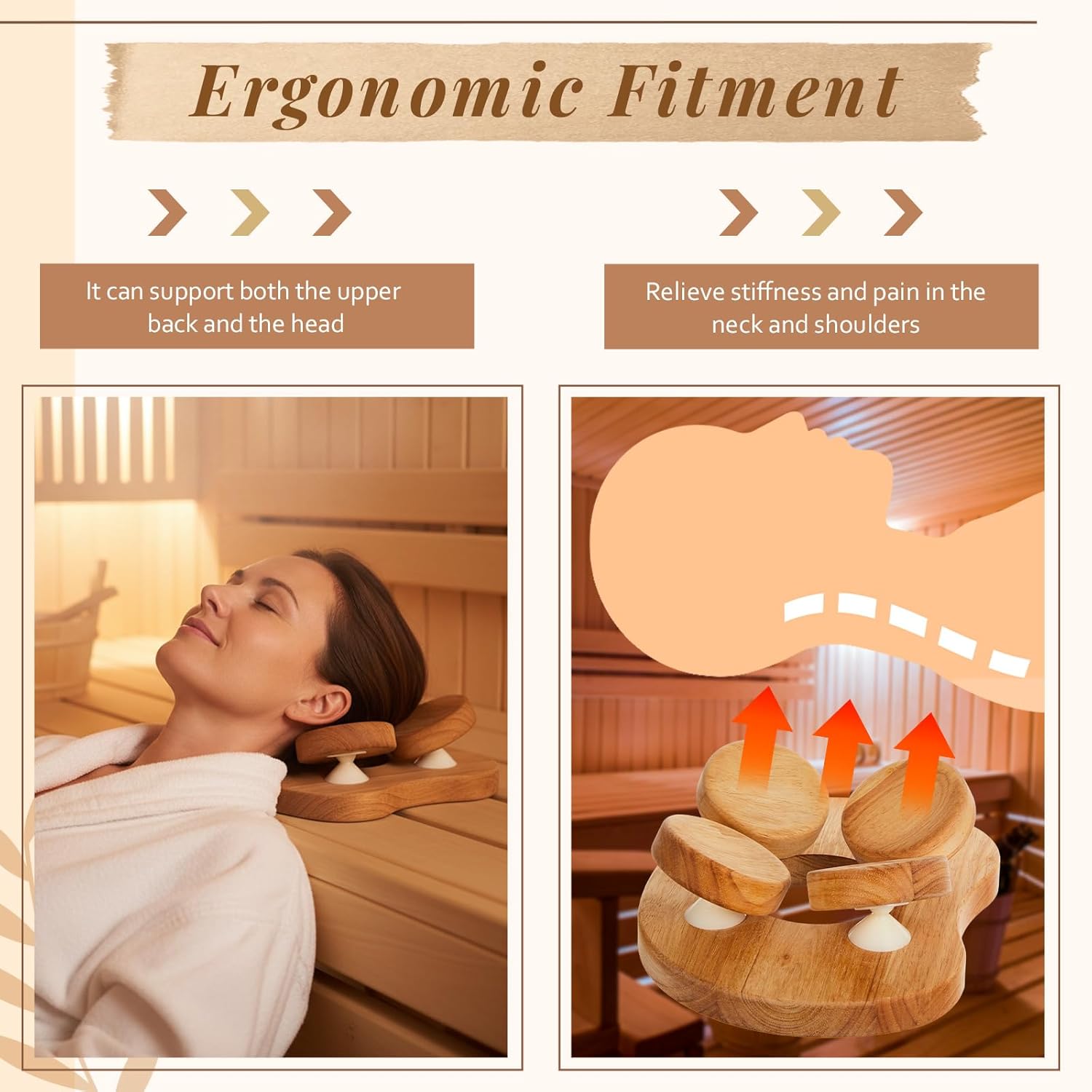 Wooden Sauna Headrest with Rotatable Disc Sauna Pillow for Stiff Neck Shoulder Pain Relief Head Health and Relaxation Natural Wood Accessories for Home, Spa, Gym