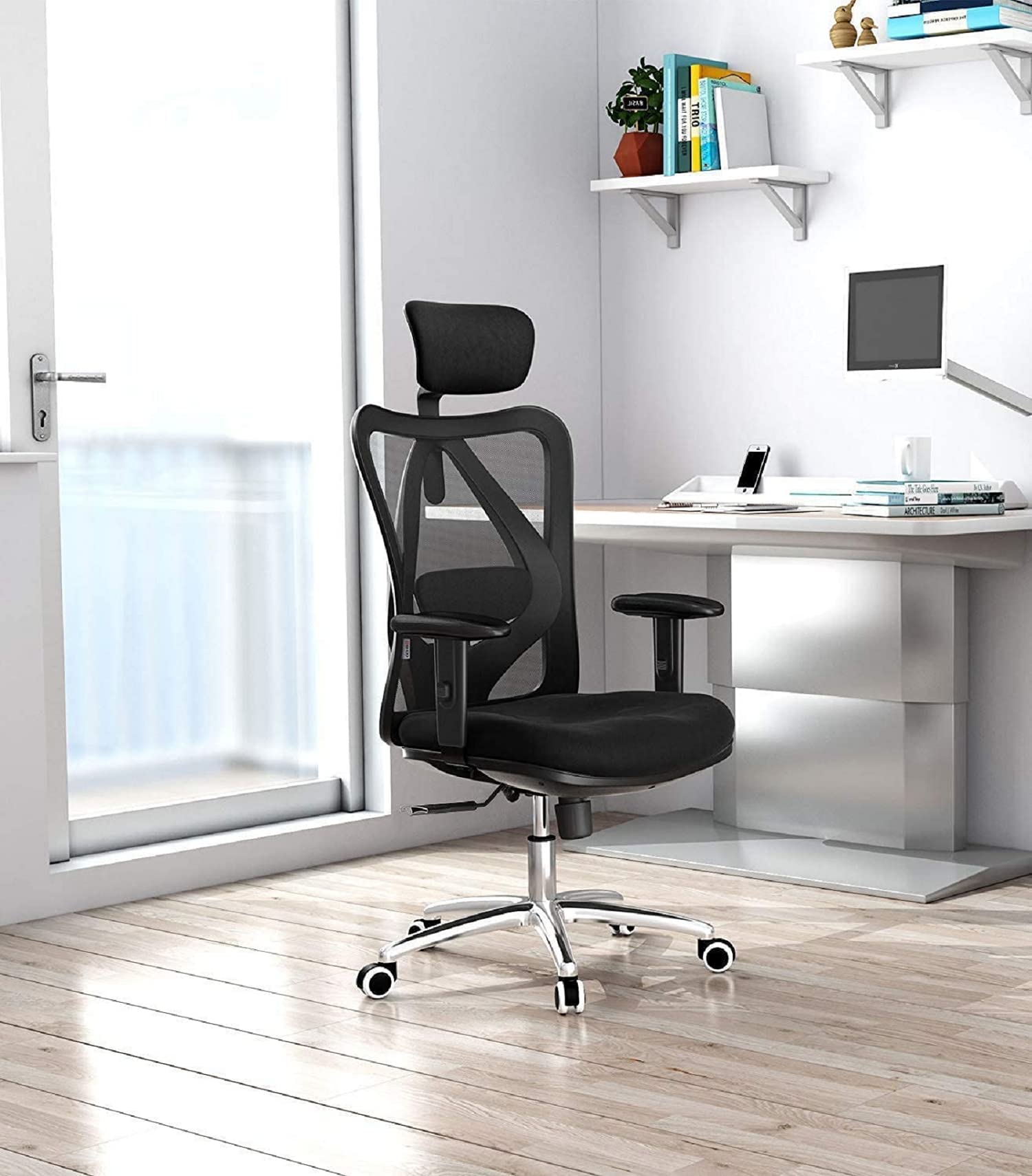SIHOO Bürostuhl Ergonomischer Schreibtischstuhl, Drehstuhl hat Verstellbarer Lordosenstütze, Kopfstütze und Armlehne, Höhenverstellung und Wippfunktion, Rückenschonend, Bis 150kg/330LB Belastbar