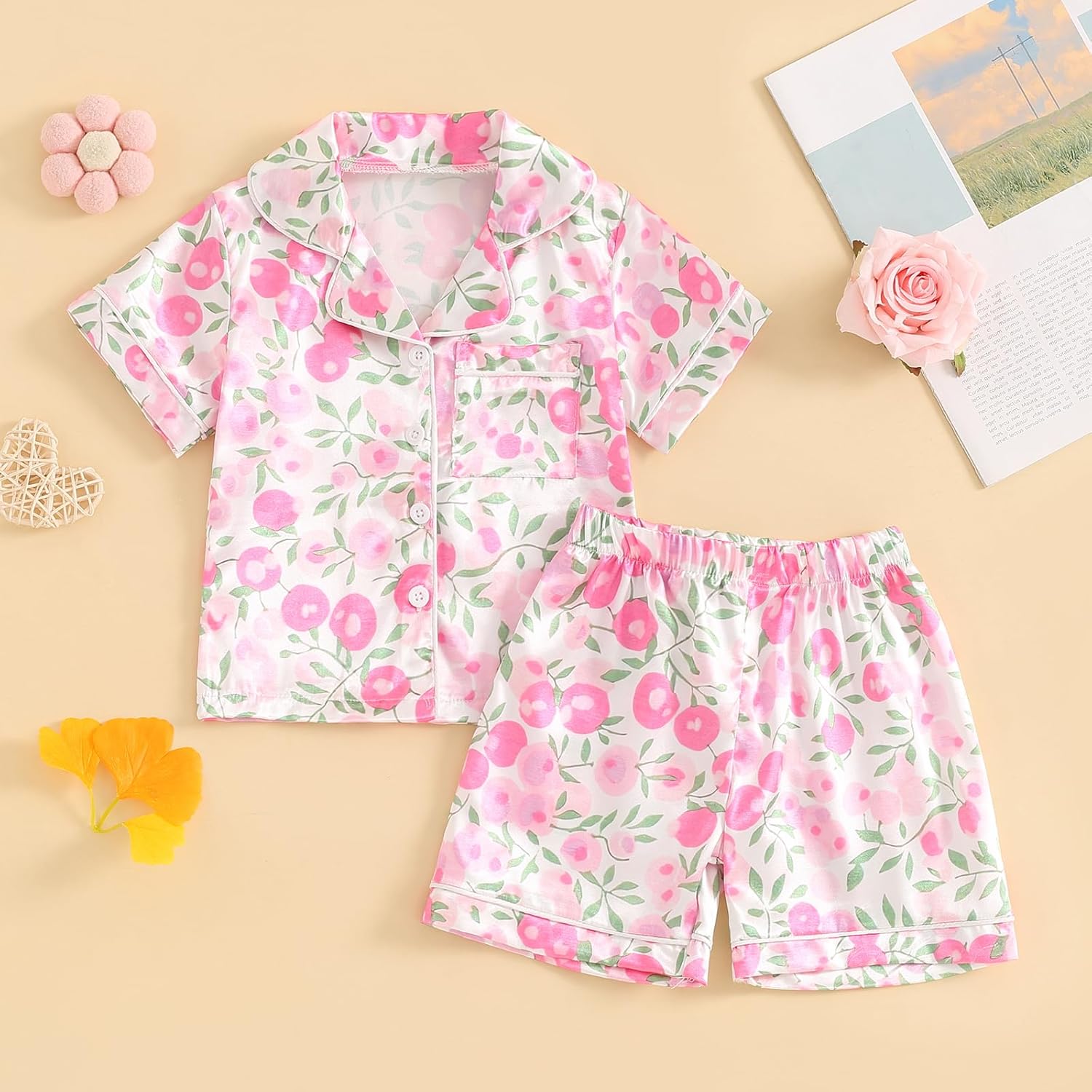 Toddler Girl Floral Pajamas Set Short Sleeve Button Down Shirt And Shorts 2Pcs Kids Pjs Loungewear - Image 3