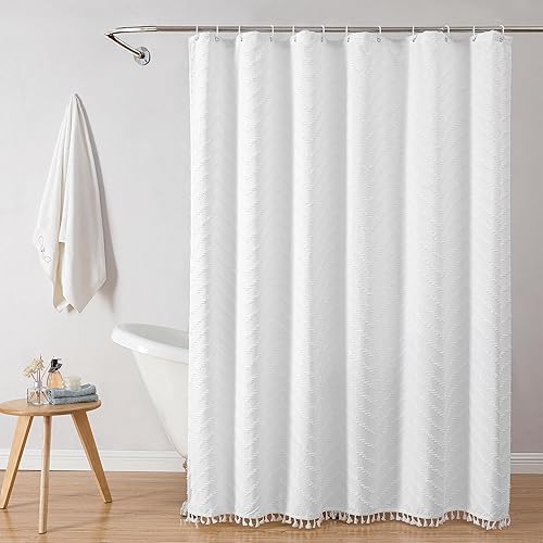 Miniatura 2 de Cortina de ducha bohemia blanca de tela tejida de 72 x 78 pulgadas, moderna cortina de ducha de baño con textura de estilo rústico copetudo,