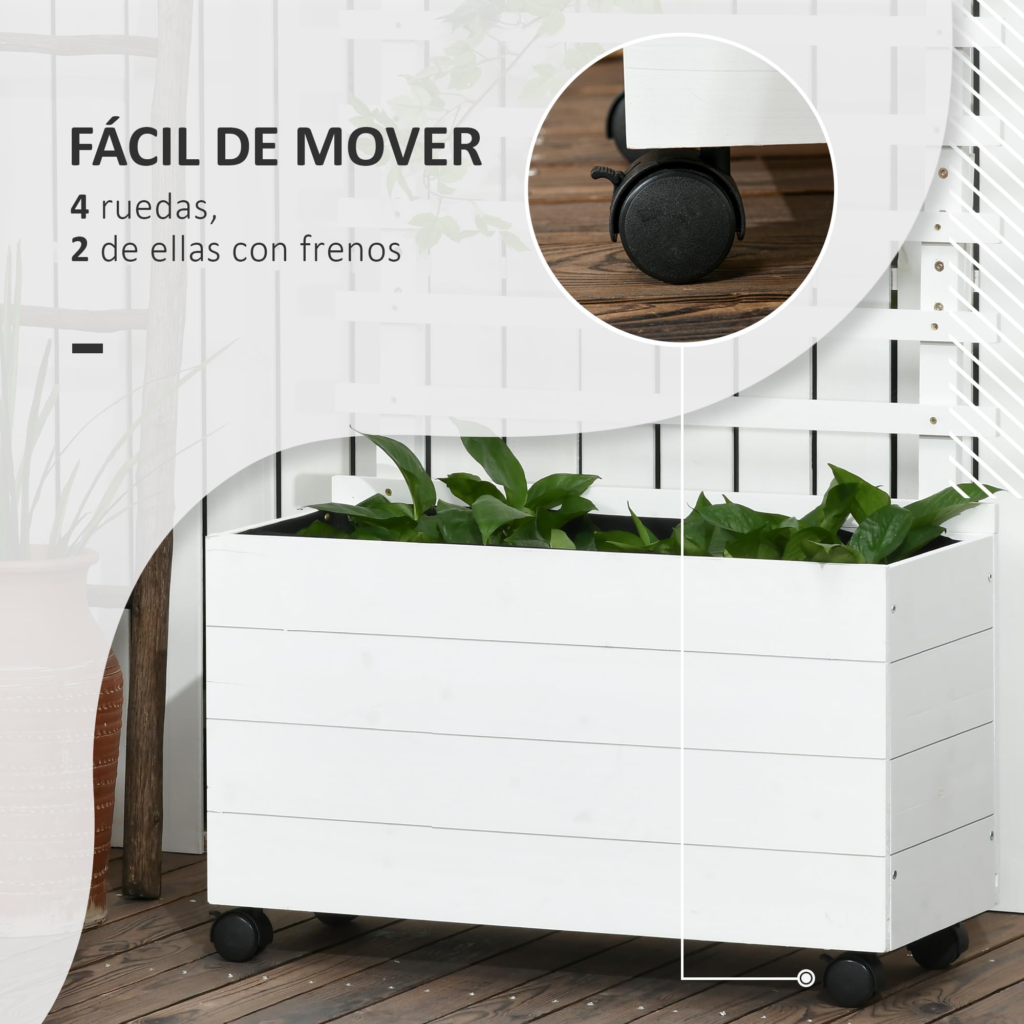 Outsunny Jardinera con Enrejado de Madera Macetero de Jardín con 4 Ruedas Soporte para Trepadora y Tela no Tejida para Cultivos Plantas Verduras en Exterior 76x30x155 cm Blanco