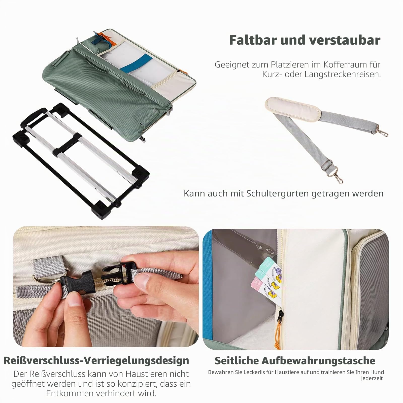 PETCUTE Haustier-Transporttasche mit Zwei Fächern und Abnehmbaren Rädern,Atmungsaktiv,Katzentrage für 2 Katzen,Faltbare Tragetasche mit Rollen für 2 Katzen/Hunde,für Reisen/Spazierengehen/Camping