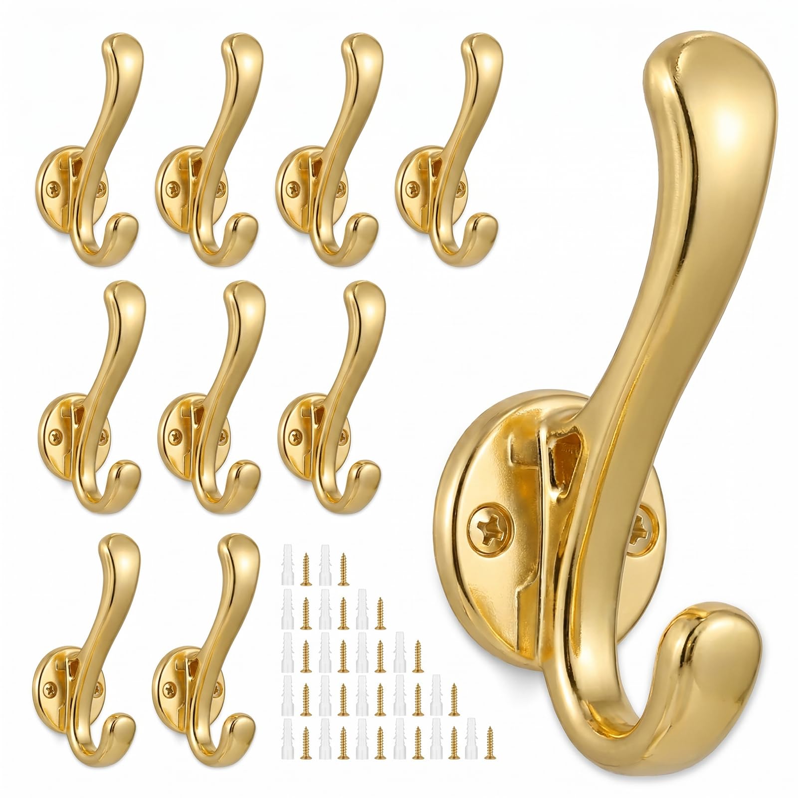 Dntorx 10 Pack Towel Hooks, Gold Heavy Duty Coat Hooks Wall Mounted Metal Double Hook Bathroom Wall Hooks for Hanging Coats Towel Robe Clothes