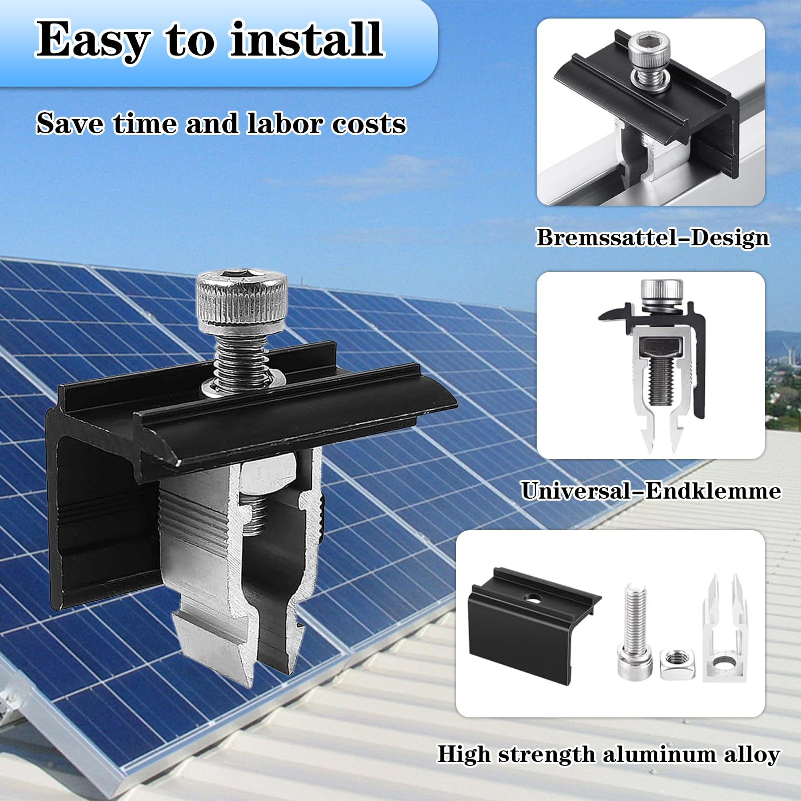 Supports Pour Panneau Solaire Bornes D'Extrémité En Aluminium PV 12 Pieces Kit De Fixation Pour Panneau Solaire Avec Ecrous Et Boulons Pour Le Montage De Profiles En Aluminium 30 50 Mm 85034120