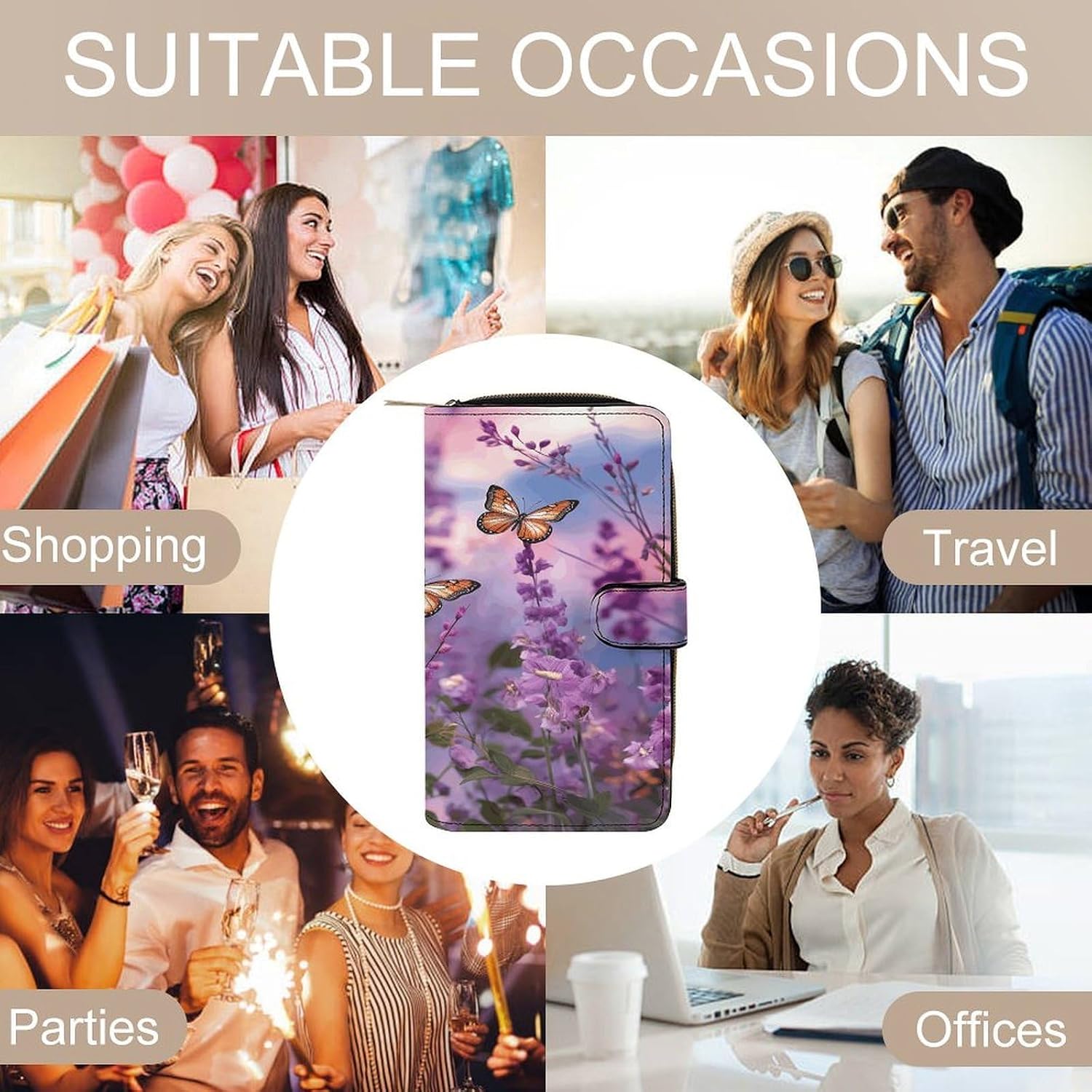 Lavender with Butterflies And Flowers Wallet,PU Leather Material, Small Wallet,Bifold with Zipper, Travel Wallet,Compact And Portable for Men And Women 7.8 * 4.3 * 1.4 Inches