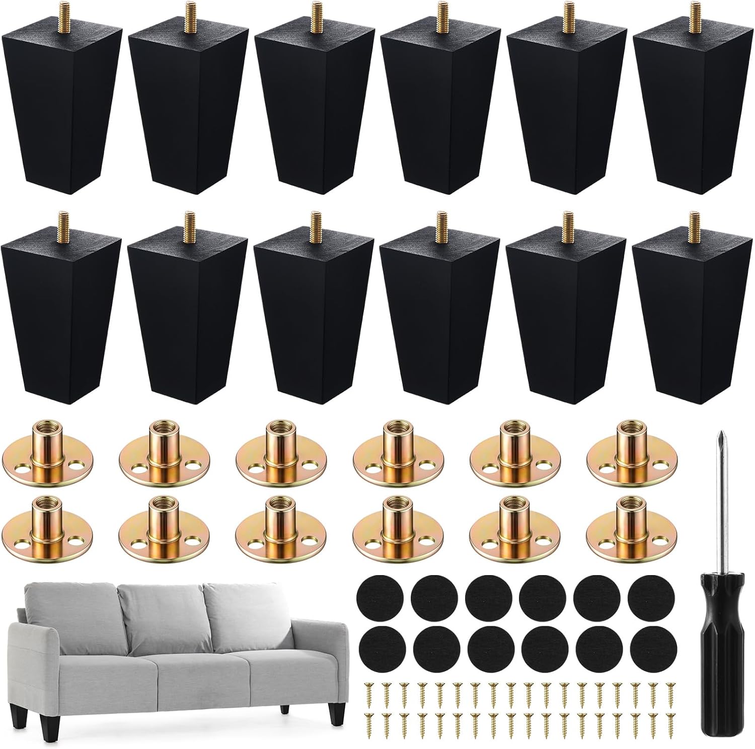 Kigley Set of 12 Wood Furniture Legs 4 Inch Sofa Leg Solid Square Couch Feet Mid-Century Bed Legs Replacement for Sofa Armchair Recliner Coffee Table Dresser (Burlywood)(Black)