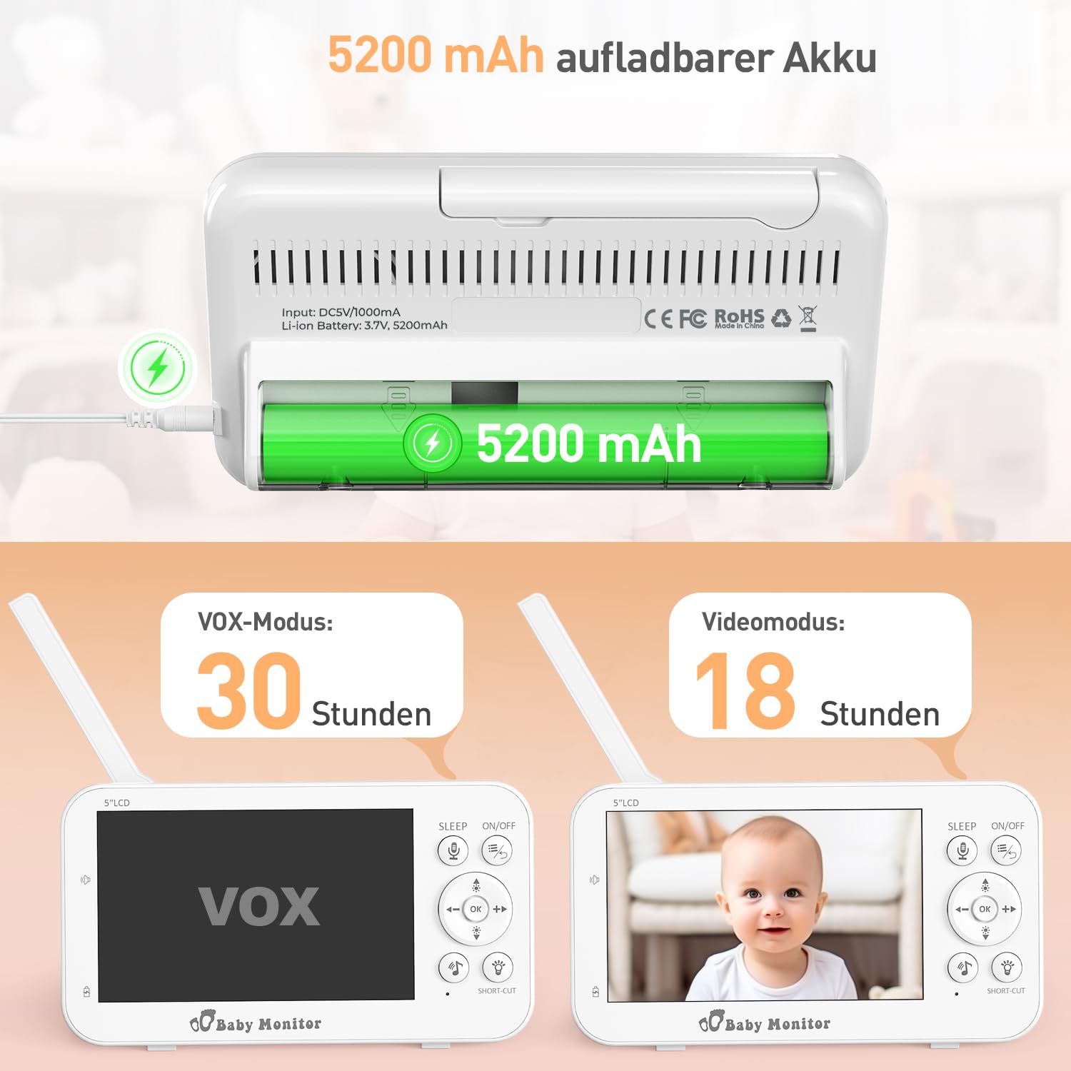 Babyphone mit Kamera und Audio, 5" Bildschirm Babyfon mit Kamera Ohne WLAN, Babyphones 5200 mAh Akku, Baby Monitor with Camera IR-Nachtsicht 2-Wege-Audio Vox-Modu Temperatursensor.
