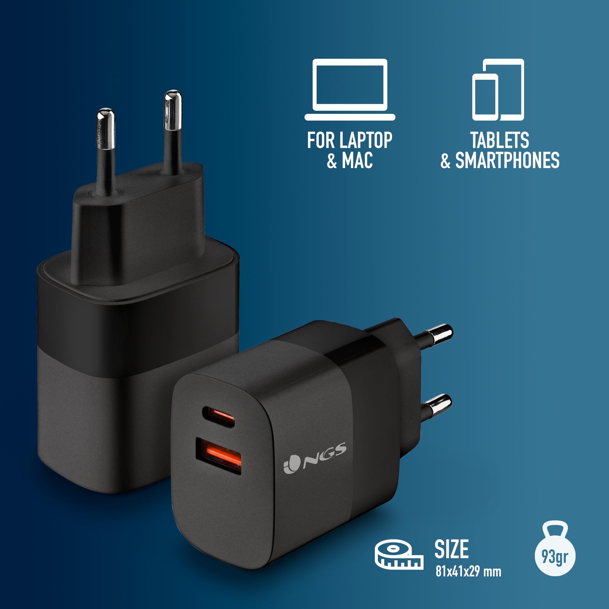 NGS Bud 45W – Cargador GAN Pared 45 W, 2X USB-C PD y PPS + 1x USB-A QC 3.0, 3 Puertos, Carga Rapida Simultanea, Compacto, Smartphones, Tablets y Portatiles