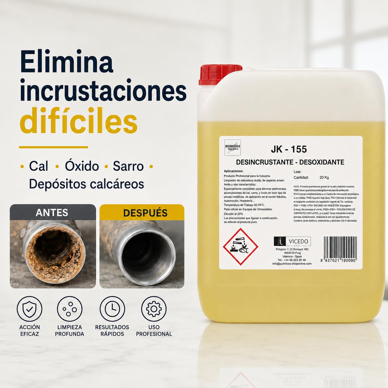 JK-155 Desoxidante y Desincrustante de Cal Concentrado 20 kg para Ultrasonidos e Inmersión, Elimina Óxido y Depósitos Calcáreos en Superficies Metálicas.