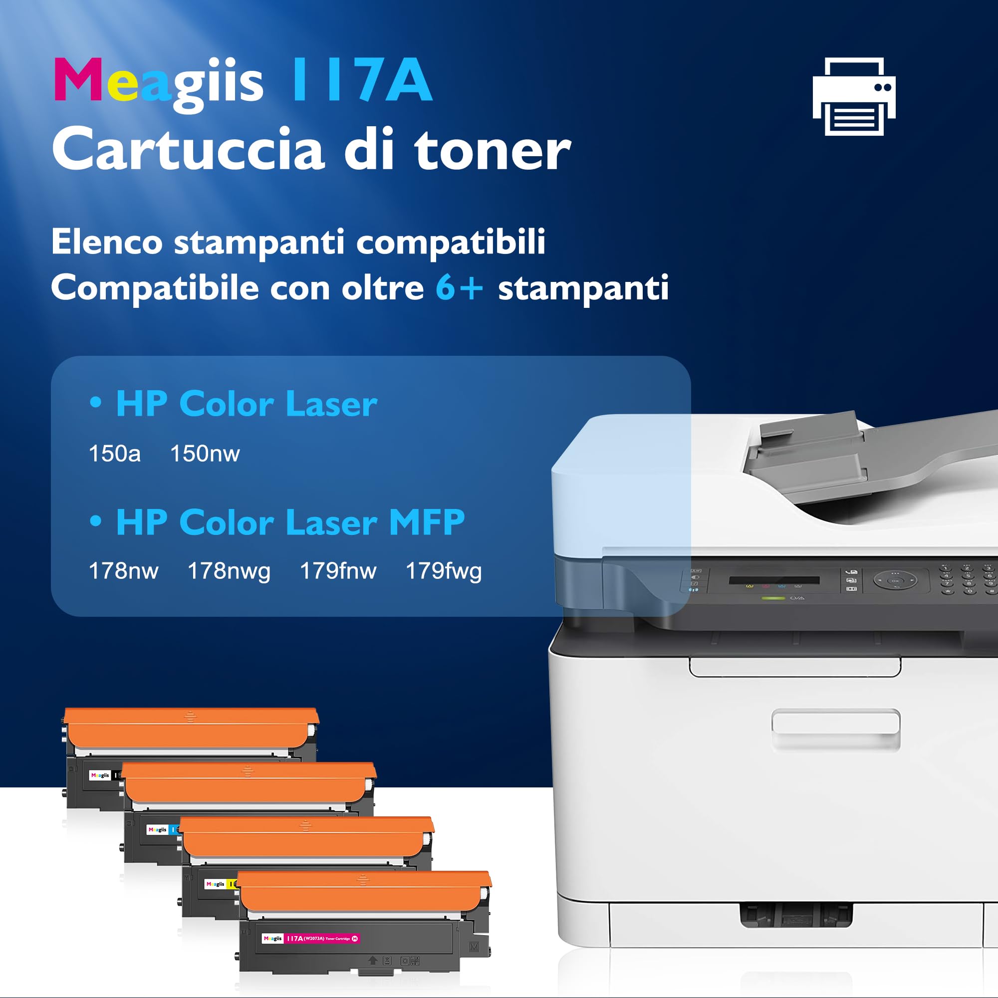 117A Toner Compatibili con HP 117A Toner (4 Pezzi) | Compatibili con HP Color Laser 150nw, 179fnw, 178nw, 150a, 178nwg, 179fwg; Con Chip; 1 Nero, 1 Ciano, 1 Magenta, 1 Giallo