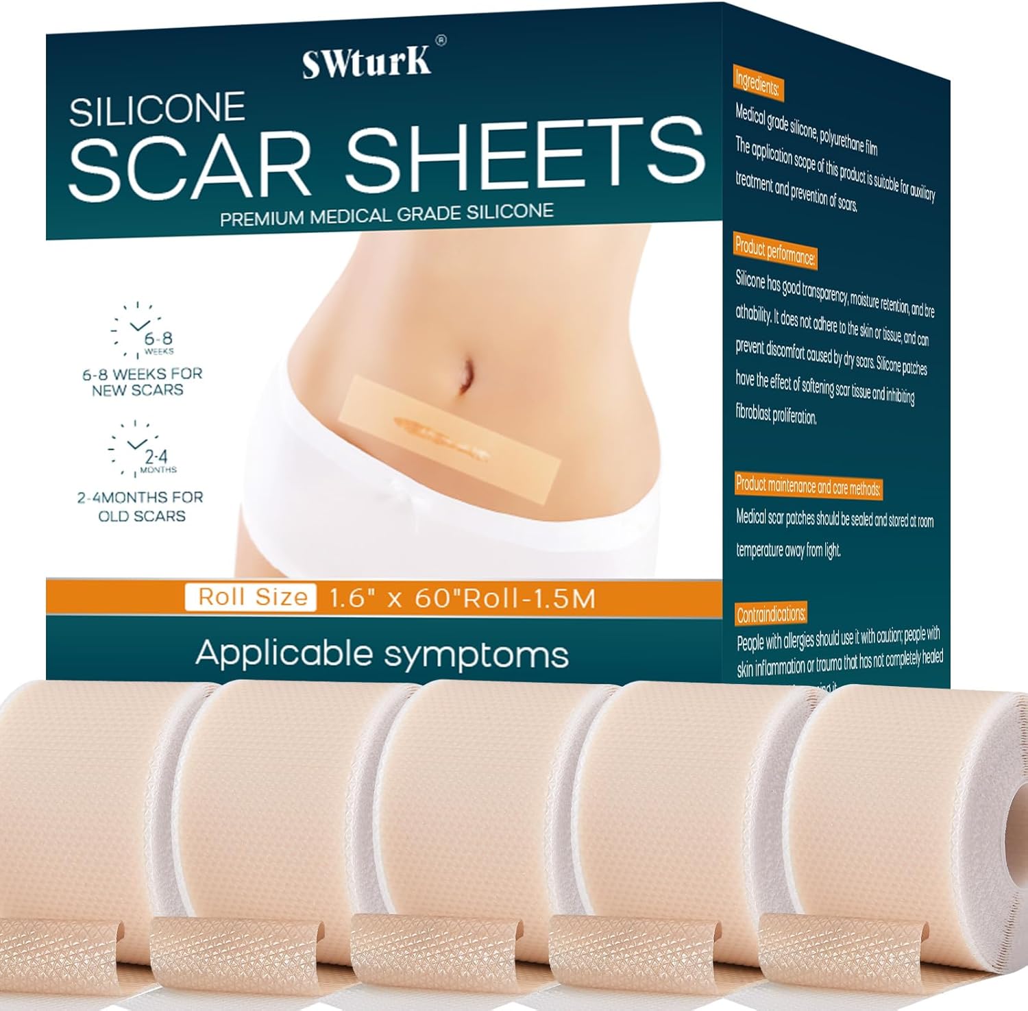 Silicone Scar Sheets,Silicone Scar Tape for Removal Treatment,Medical Grade Scar Tape for Surgical Scars,C-Section,Tummy Tuck,Scar Removal Away(1.6" x 60" Roll - 1.5M) Keloid Bump Removal - Image 1 of 2