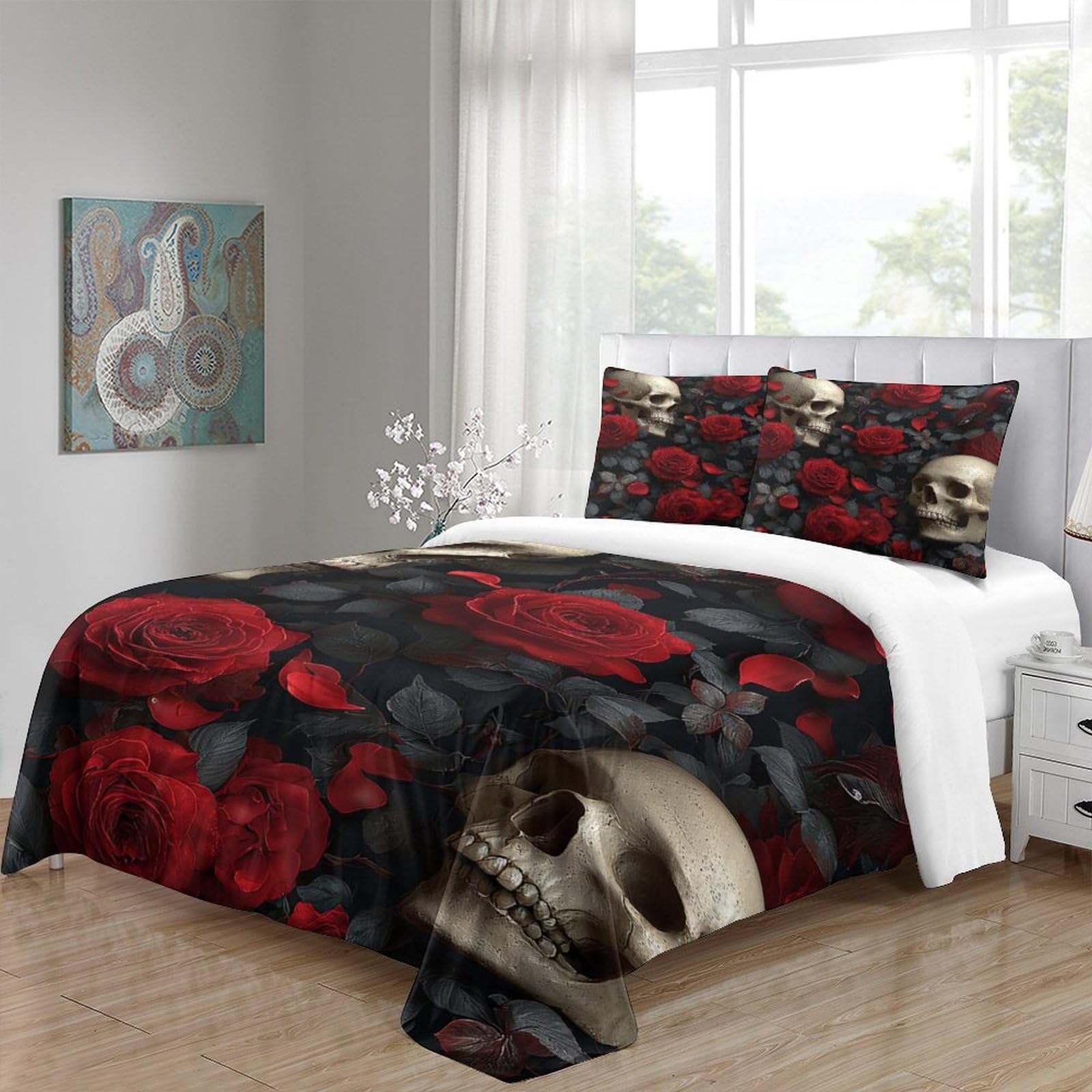 Rose skulls Ensemble De Literie Résistante Microfibre résistante 3 Pièces 3D Effet Gothic floral design Linge de Lit avec Taie d'oreiller Hypoallergique for Chambre de garçons King（220x240cm）