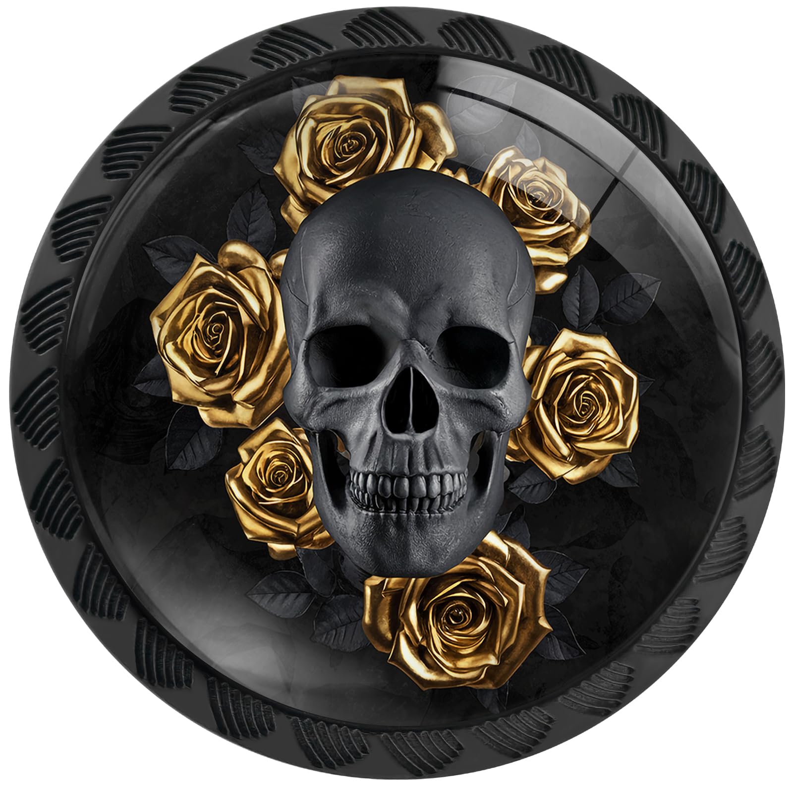 Artinhand Gothic Black Skull With Gold Roses 4 Pack Cabinet Knobs Round Drawer Pulls Black Dresser Knob Cupboard Door Handles Hardware For Kitchen Bathroom Cabinets