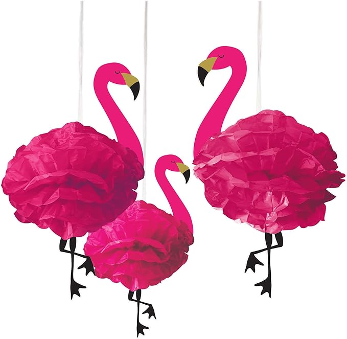 amscan 180236 Paper Poms-3pcs Flamingo-Pompons aus Papier, 3 Stück, Rose, 49.5cm