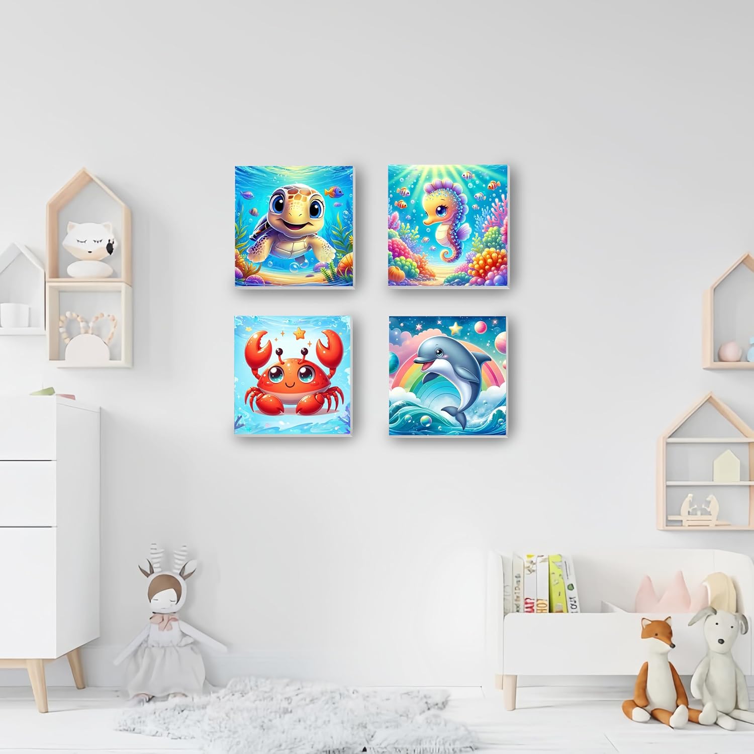 Yunruily フレーム付き数字によるペイント 4個パック - 海の動物ペイントバイナンバーキット 子供用 数字でペイントキット