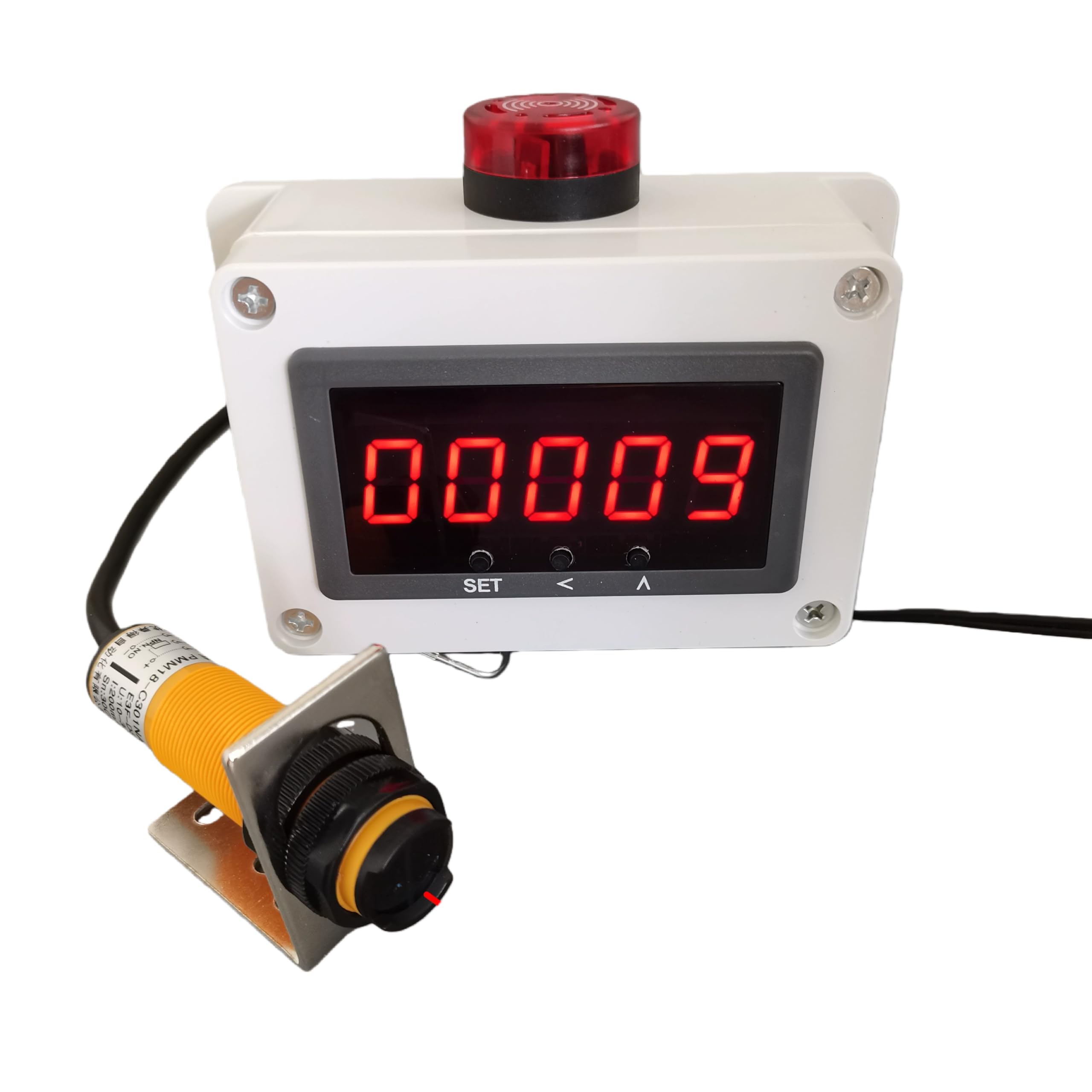 Contador digital LCD de 5 dígitos con sensor infrarrojo (10 cm-5 m), rango de conteo 0-99999, diseño resistente para línea de producción de cinta transportadora industrial