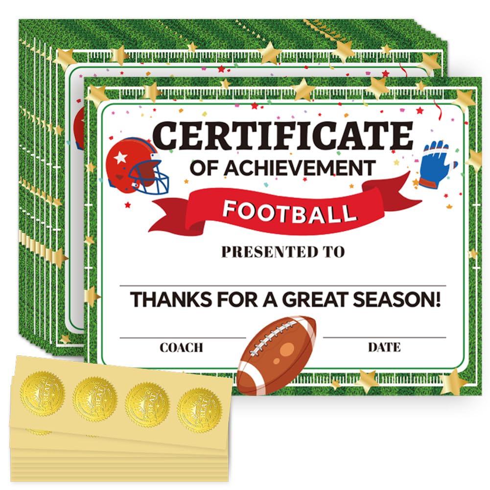 Doodlream 30 Pcs Football Achievement Award Certificate Paper with 32 Pcs Gold Foil Stickers