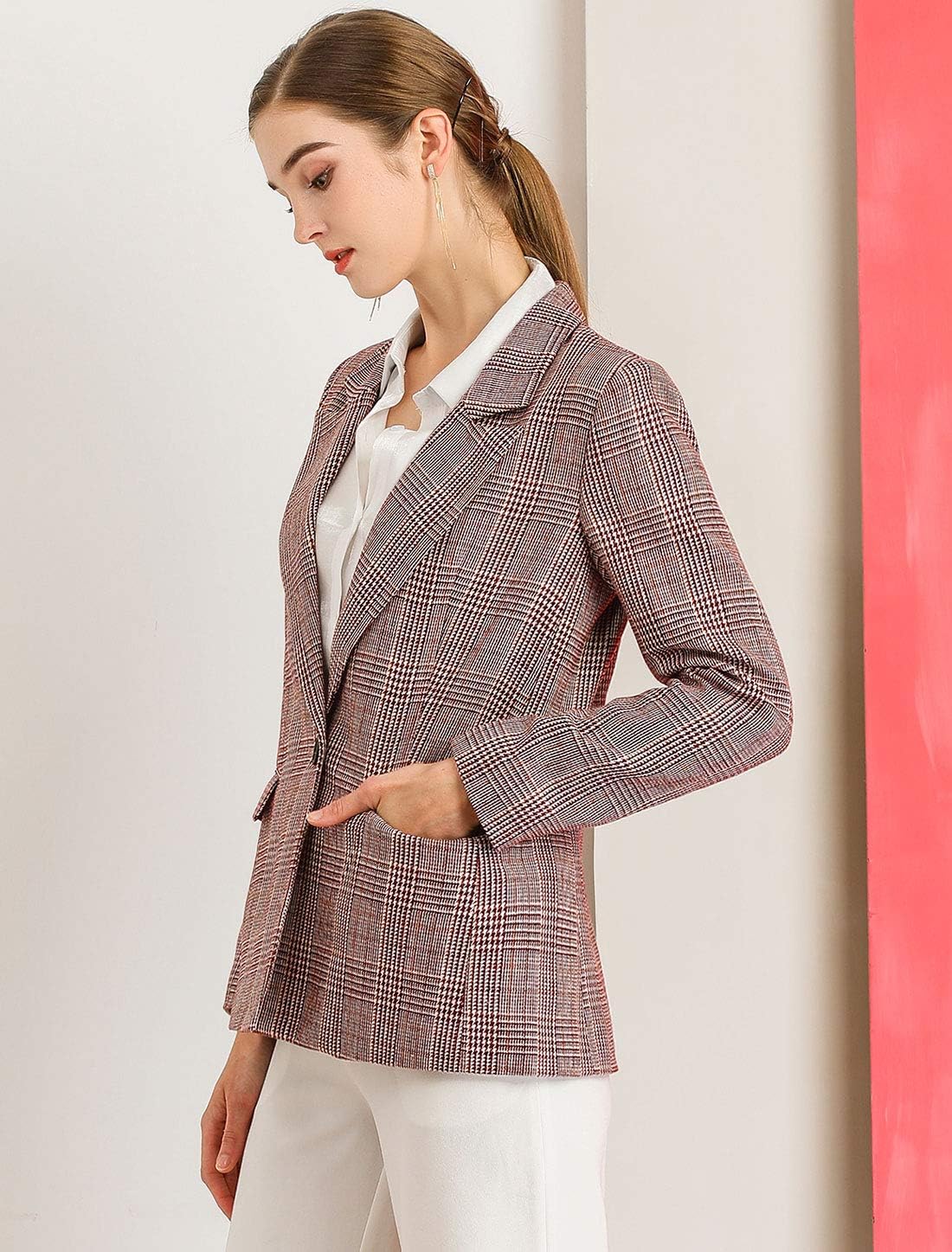 Allegra K Women's Notched Lapel One Button Boyfriend Blazer Suit Houndstooth Work Office Blazers Jacket