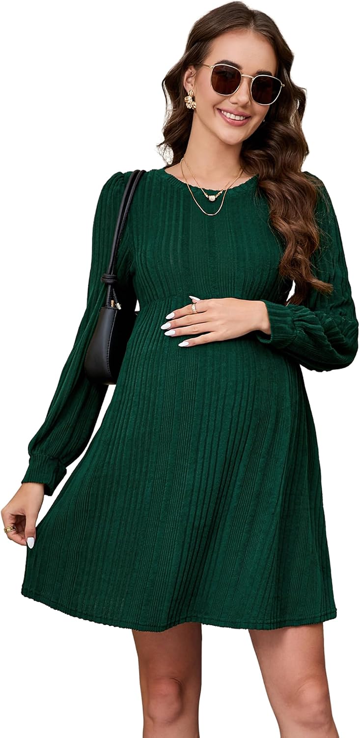 Maternity Sweater Dress Lantern Sleeve Crew Neck A-Line Swing Knit Dress Casual Loose Winter Pullover Sweater Midi Dresses