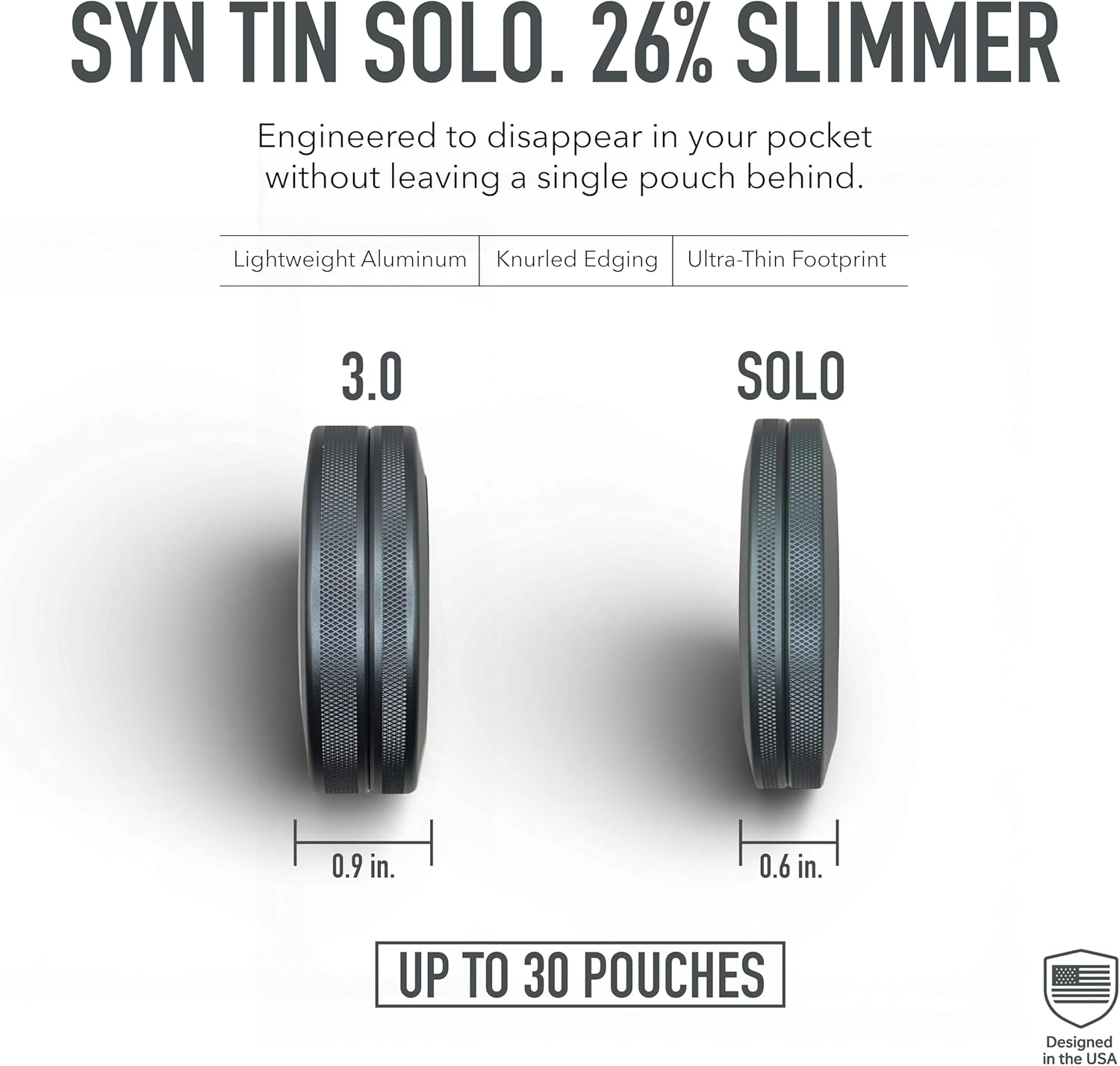 Solo | Slim Metal Container for Zyn, Premium Aluminum Can & Rugged Pouch Holder | Extra Capacity, Knurled Grip, & Slim Container | EDC (Gunmetal Gray)