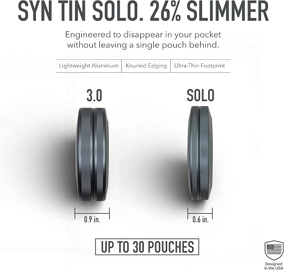 Solo | Slim Metal Container for Zyn Premium Aluminum Can & Sturdy Pouch Holder | Large Capacity, Knurling Grip & Slim Container | EDC Gunmetal Grey