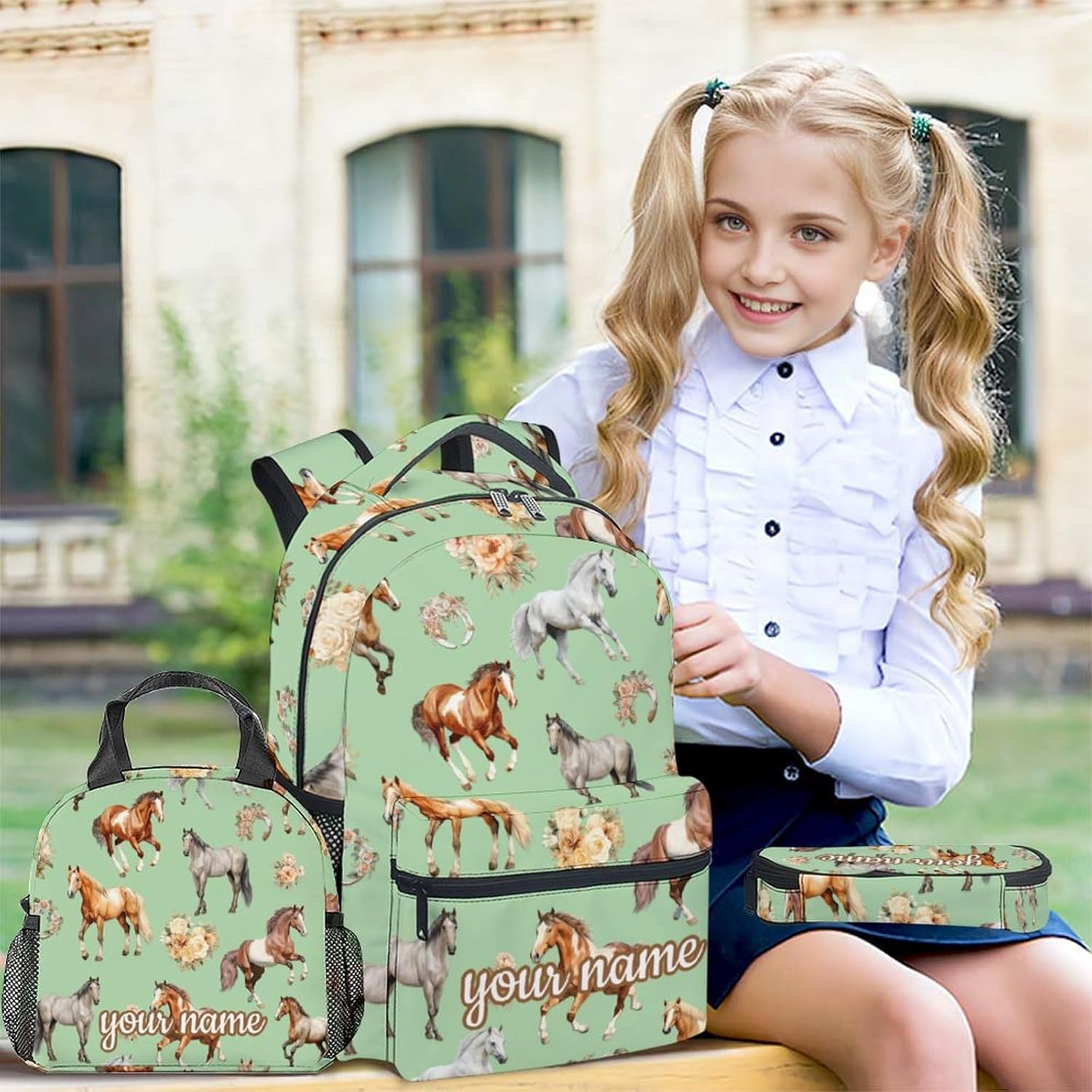 Custom Kids Backpack with Lunch Box, Set of 3 Horse School Backpacks Matching Combo for Girls, Aesthetic Green Bookbag and Pencil Case Bundle