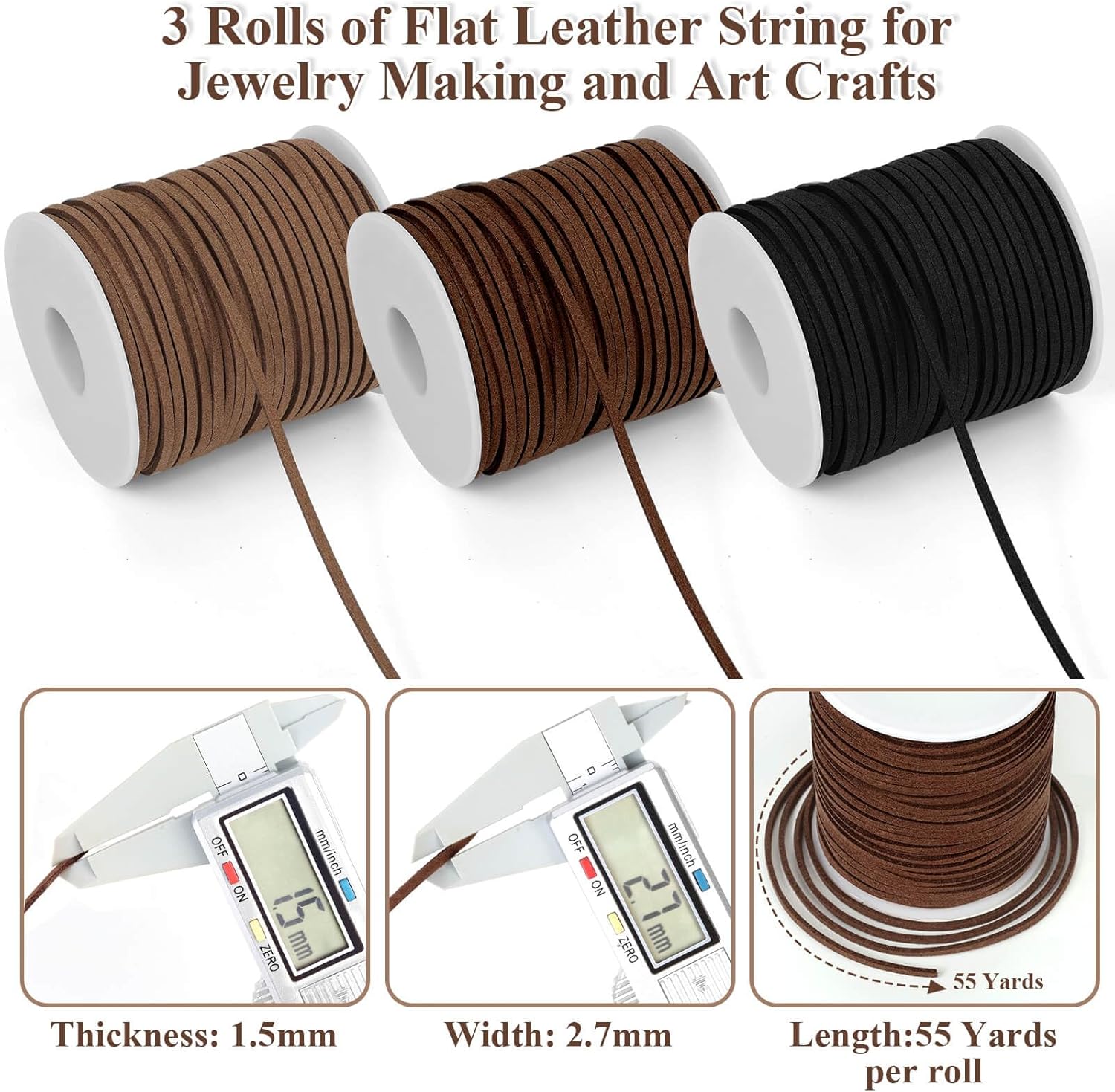 Anezus 3 Rolls Flat Leather String Cord, Suede Ribbon for Jewelry Making, Leather Twine for Crafts, Thin Leather Shoe Laces for Boots, Faux Leather Strips for Bracelets, Necklaces