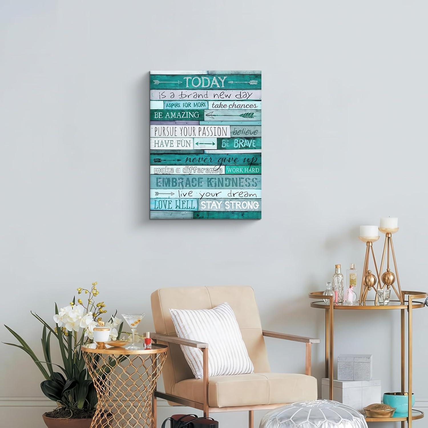 Framed Inspirational Wall Art – Motivational Quote Canvas Print Paintings, Blue Teal Wooden Style Positive Saying Posters Pictures for Living Room Bedroom Office,Ready to Hang 12x16Inch