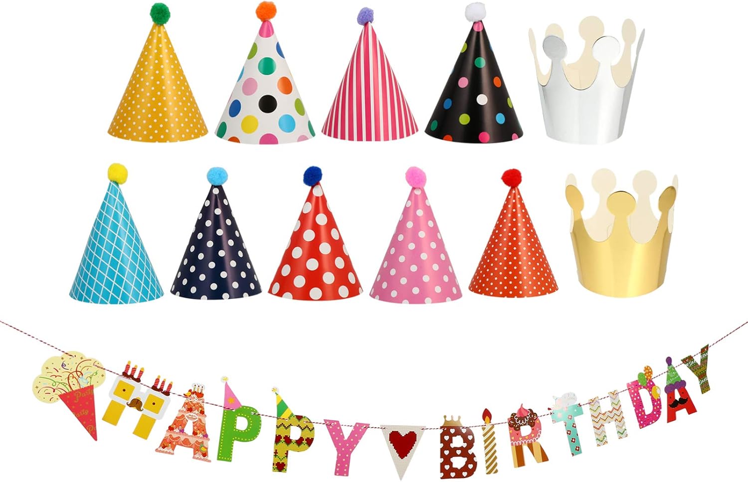 Nuobesty ハッピーバースデーバナー誕生日パーティーコーン帽子ポンポンpoms誕生日キャップおかしいノベルティ紙帽子キッズ大人のための誕生日ファンシードレス衣装 高価値