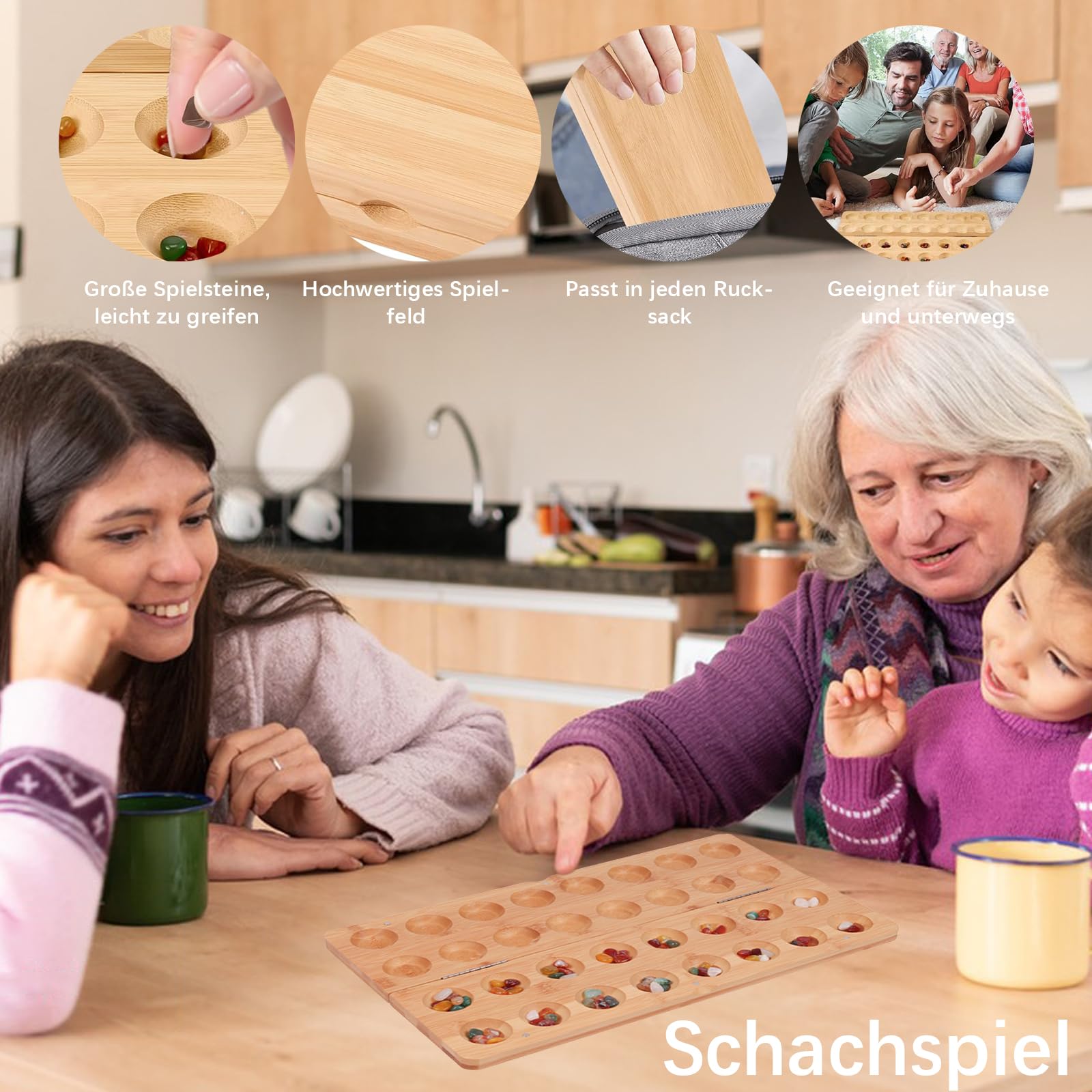 Steinchenspiel, 65 Juwel Kalaha Spiel, Edelsteinspiel aus Holz, Mancala Kalaha Faltbar und Leicht zu Tragen Strategiespiele, Edelstein Match Schach, Strategiespiele für Erwachsene (A)