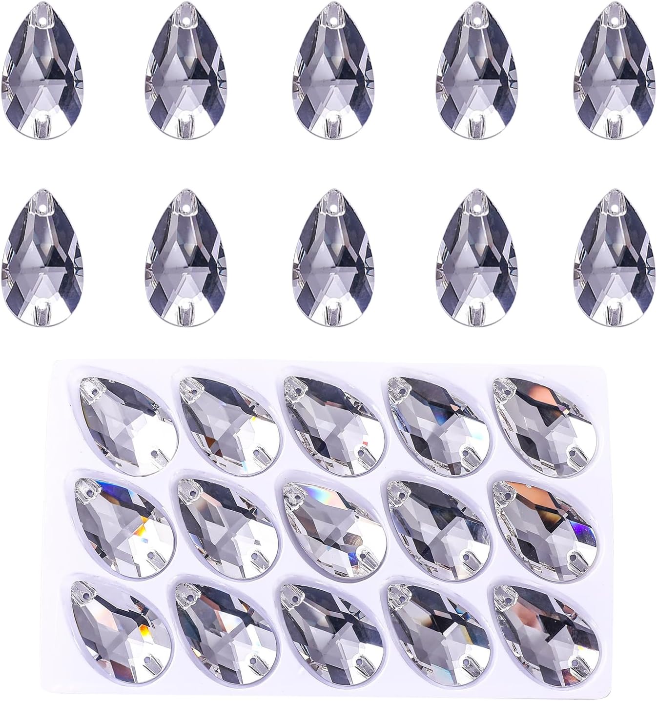 72pcs 10.5 x 18mm AB Teardrop Sew On Rhinestones for Crafting, Large Crystal Glass Gems Silver Plated Flatback Jewels with 2 Holes for Crafts Clothes Fabric
