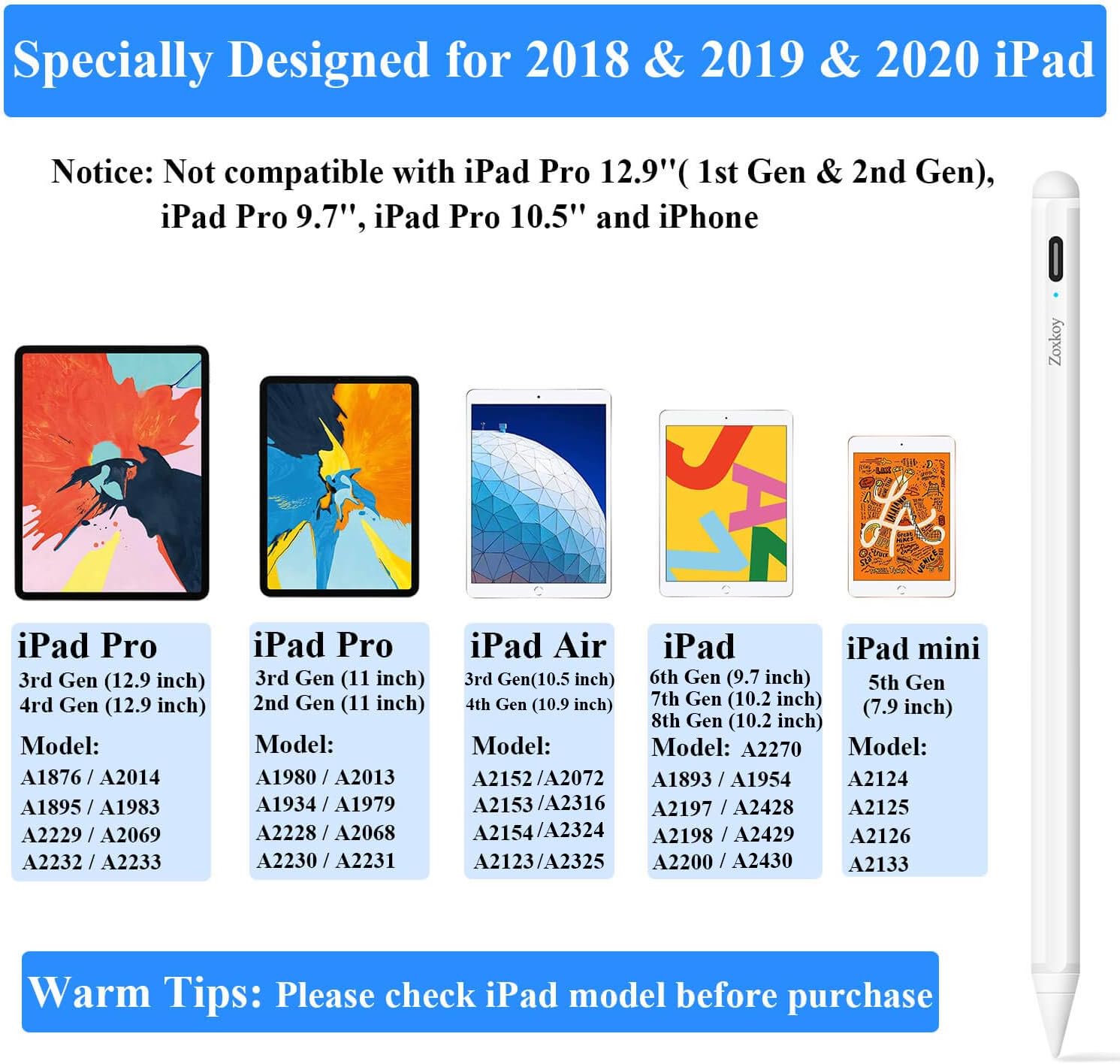 Stylus Pen for Apple iPad Pencil: Touch Pencil with Palm Rejection for Precise Writing & Drawing - Compatible with Apple iPad Pro 11/12.9 Inch iPad 6th/7th | iPad Mini 5th | iPad Air 3rd Gen