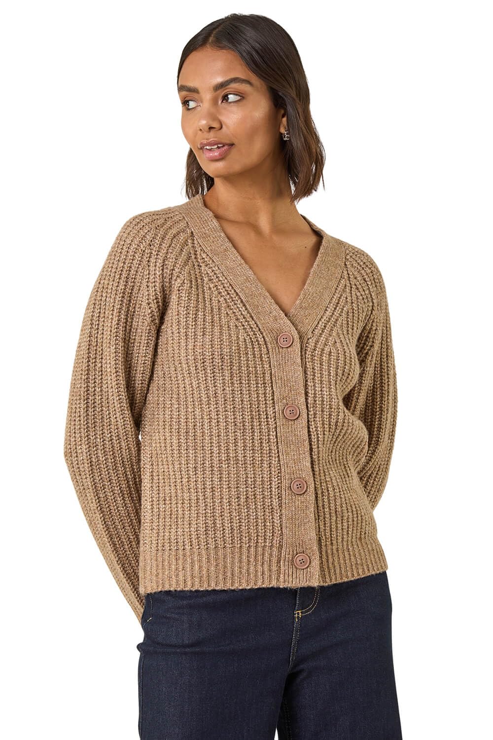 Roman Originals Women's Beige Metallic Button Knit Cardigan For Uk - Everyday Autumn Winter V-Neckline Comfy Soft Evening Vacation Work Party Night Out - Size 14