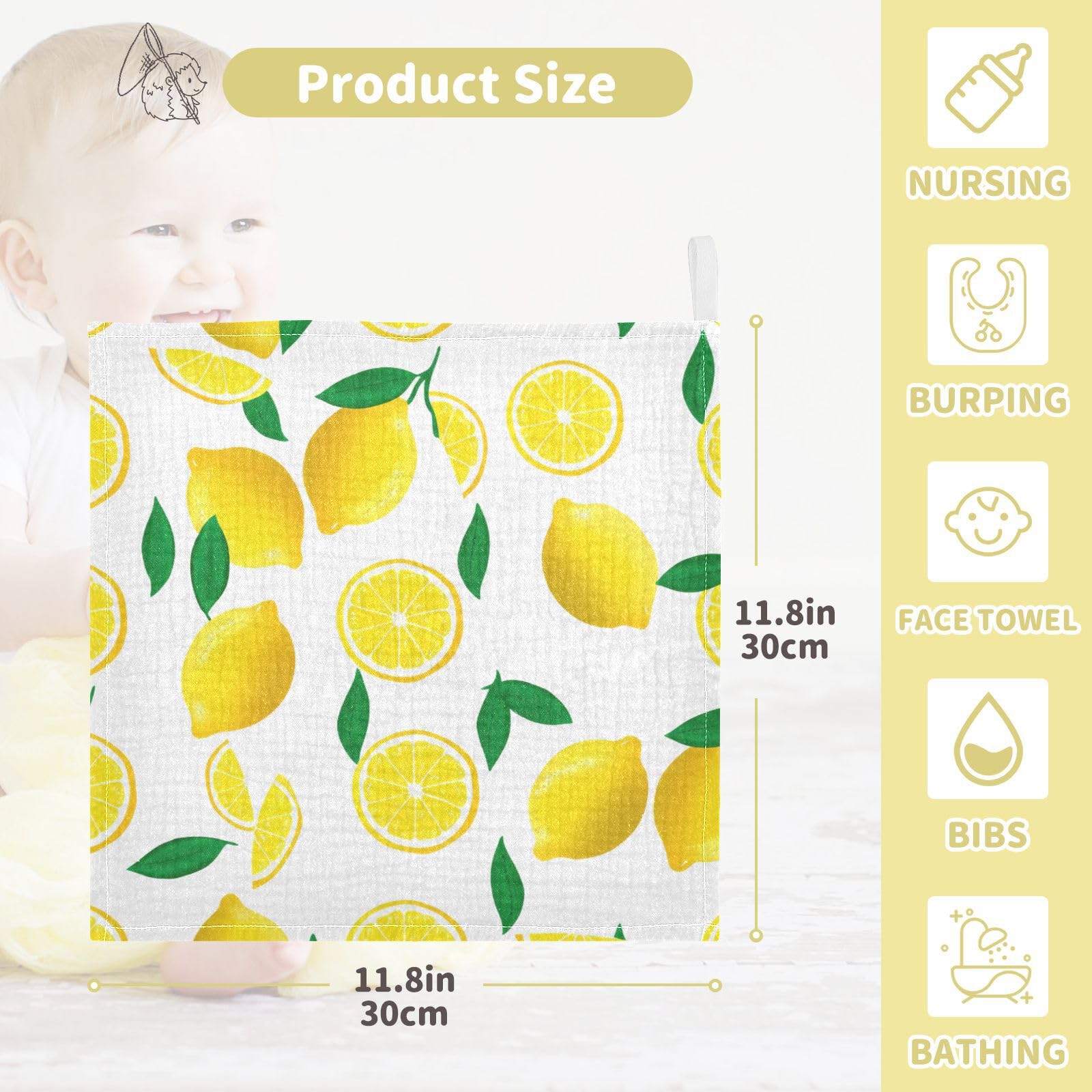 Nander 5Pack Baby Muslin Washcloths,Yellow Lemons Soft Face Cloths for Newborn, Absorbent Bath Wash Cloths, Wipes, Burp Rag,Toddlers Essentials Stuff, Baby Registry as Shower