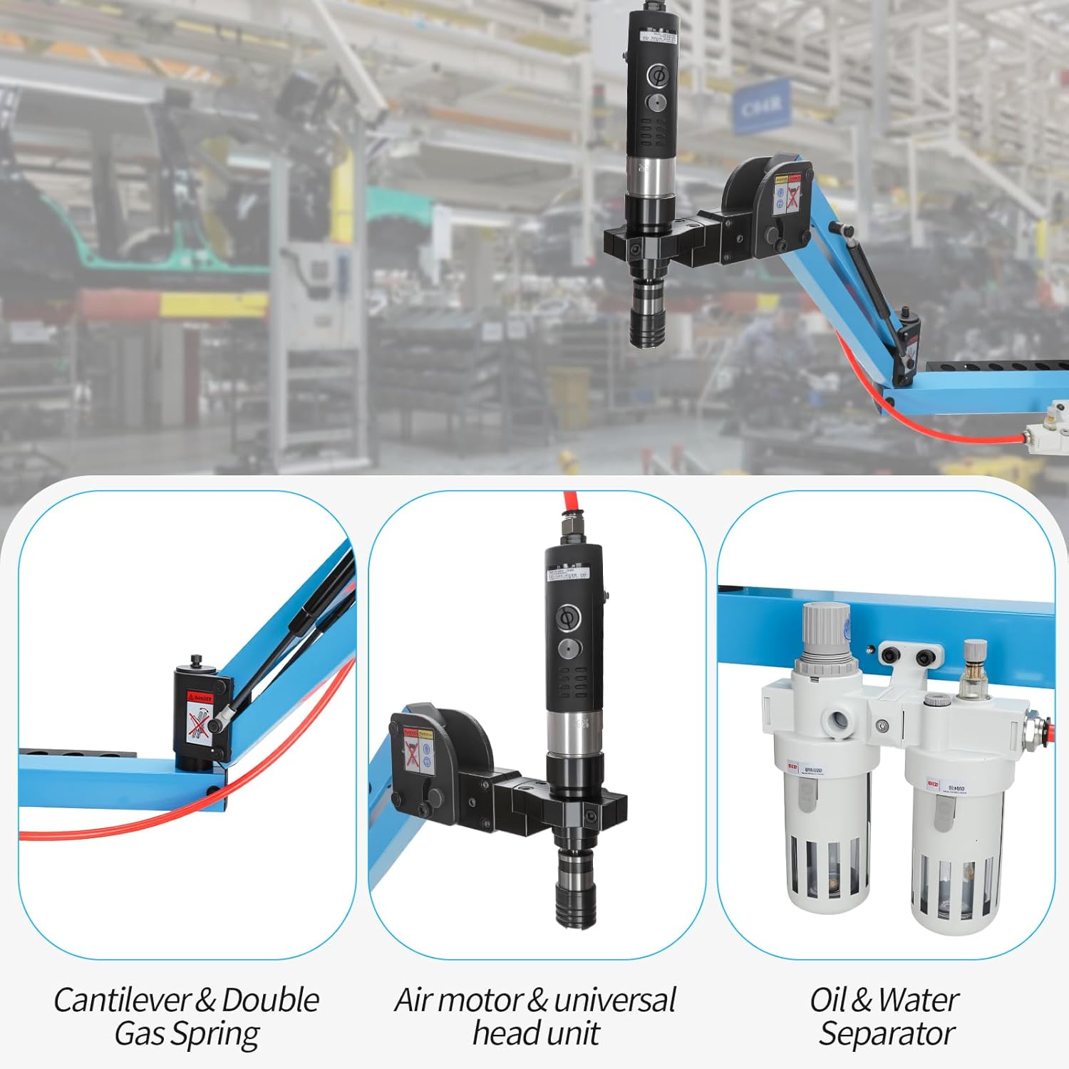 Pneumatic tapping machine, 360° Multi directional universal soft arm drilling and threading machine M3-M12 with tap holder