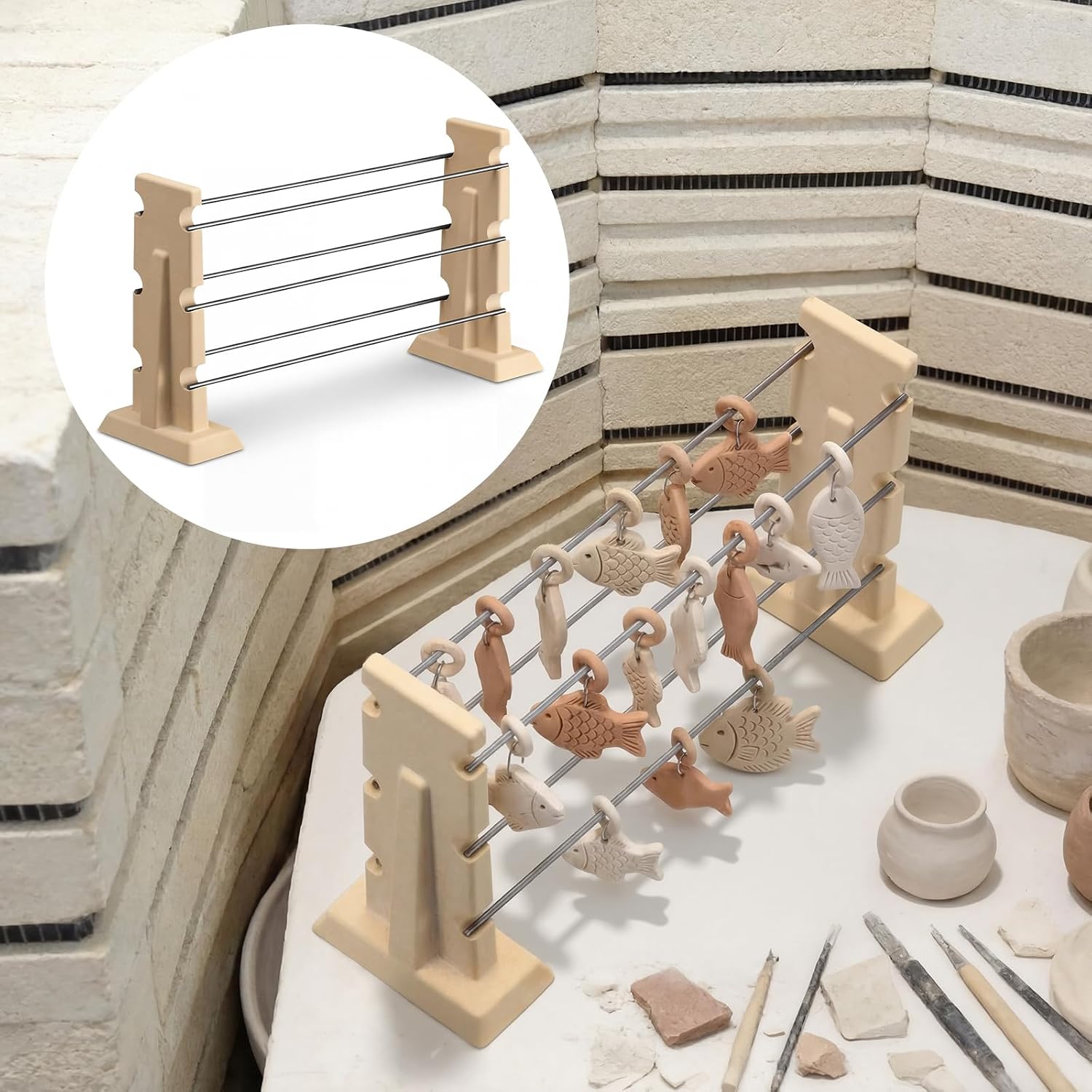 Ferrochef Large Bead Rack Set Include 2 High Temperature Kiln Support 6 Tungsten Wires(10") and 100 High Temperature Nichrome Wire Jump Rings Kiln Shelf with U Hooks for Fire Beads Pendants and Button