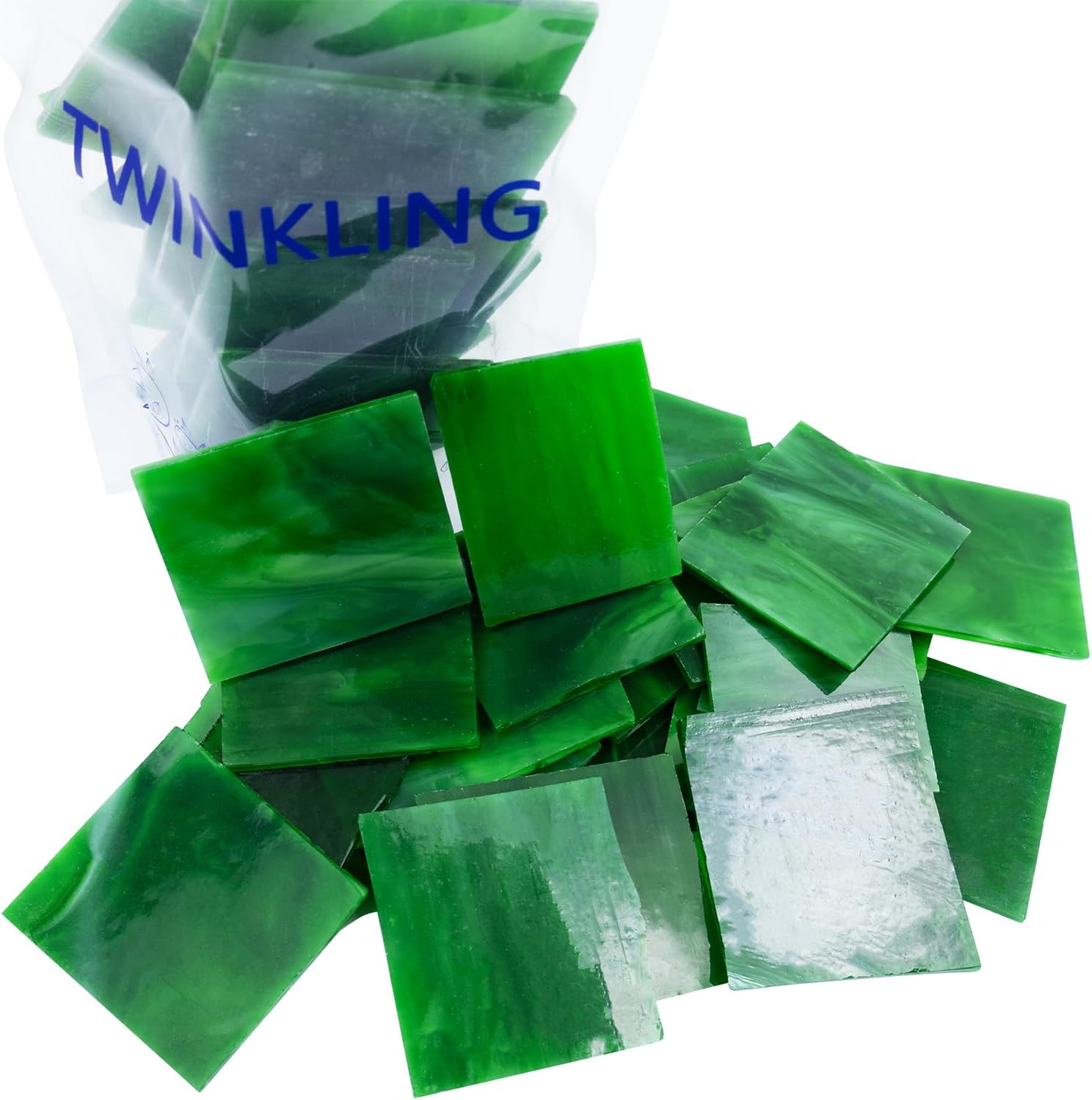 TWINKLING Square Stained Glass Scraps, Mosaic Glass Pieces,Mosaic Crafts Supplies,Mosaic Tiles for Crafts,Photo Frames,Vase Filler, Aquarium Decor,4x5cm,0.9LB (Green)