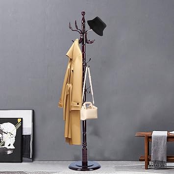 Coat Racks FreeStanding with 14 Hooks, Natural Wood Coat Rack with Solid Round Base, Adjustable Height Coat Racks, Easy Assembly for Hallway, Bedroom and Office Solid Wood Fenghuang Gou